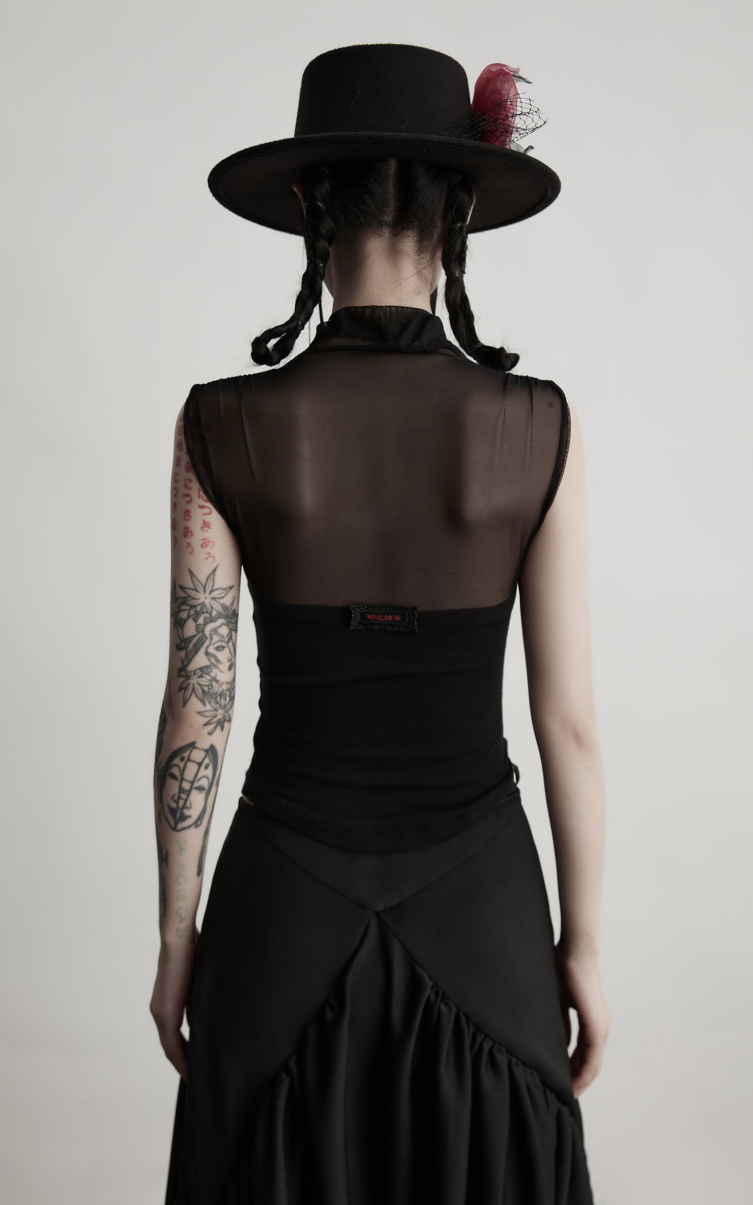 INDULGE IN Gothic Mesh Paneled Sleeveless Top with Red Orb Detail