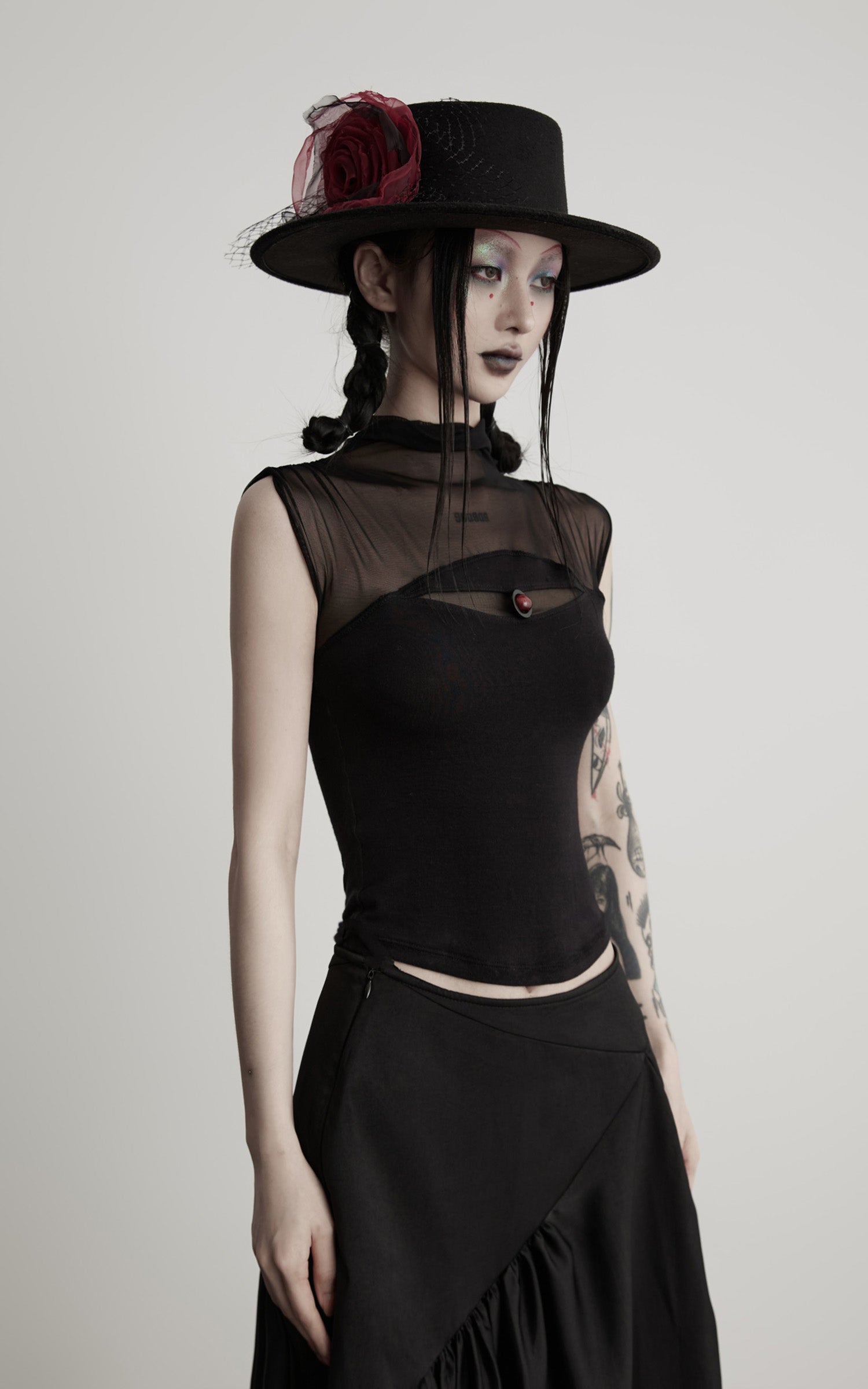 INDULGE IN Gothic Mesh Paneled Sleeveless Top with Red Orb Detail