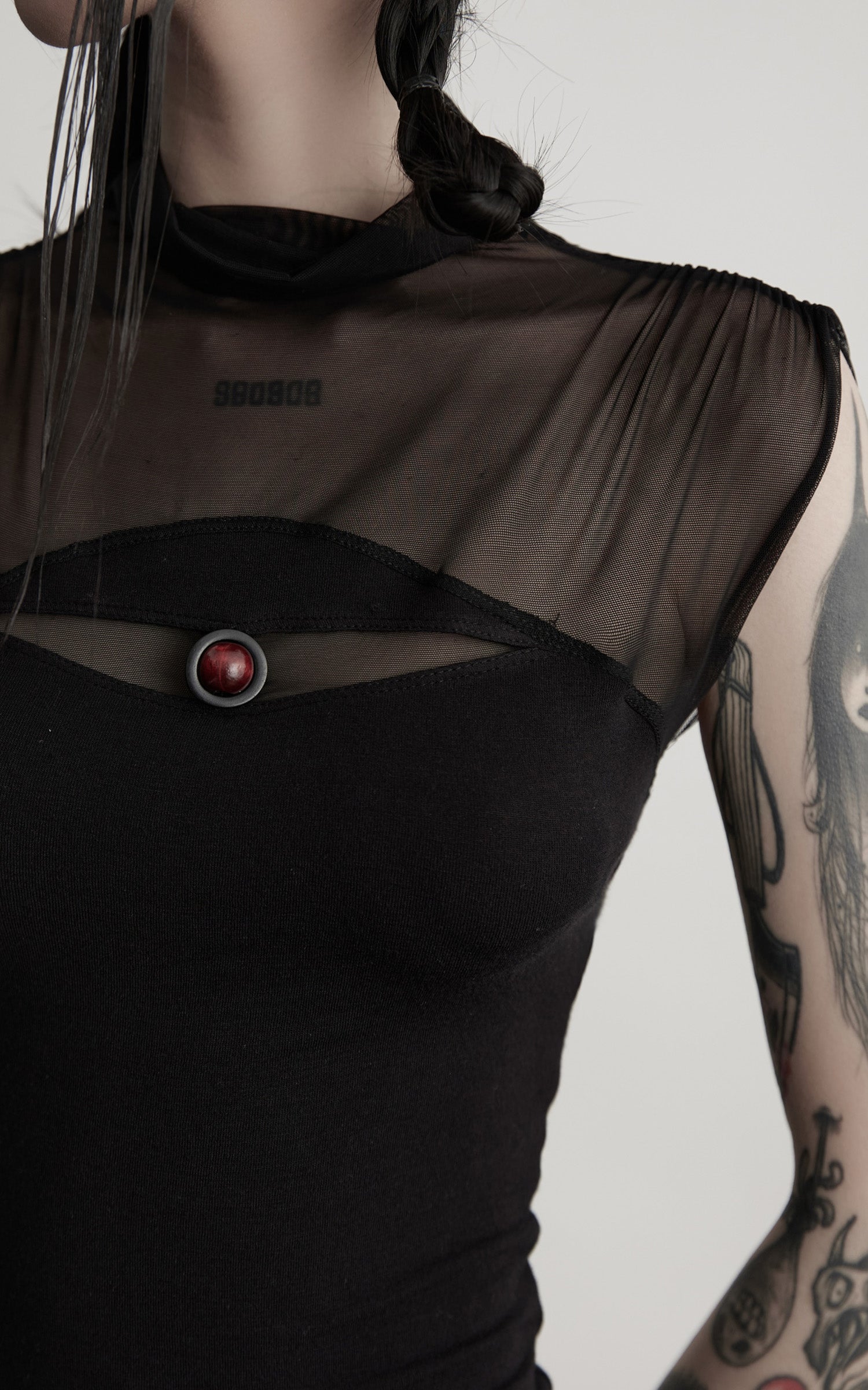 INDULGE IN Gothic Mesh Paneled Sleeveless Top with Red Orb Detail