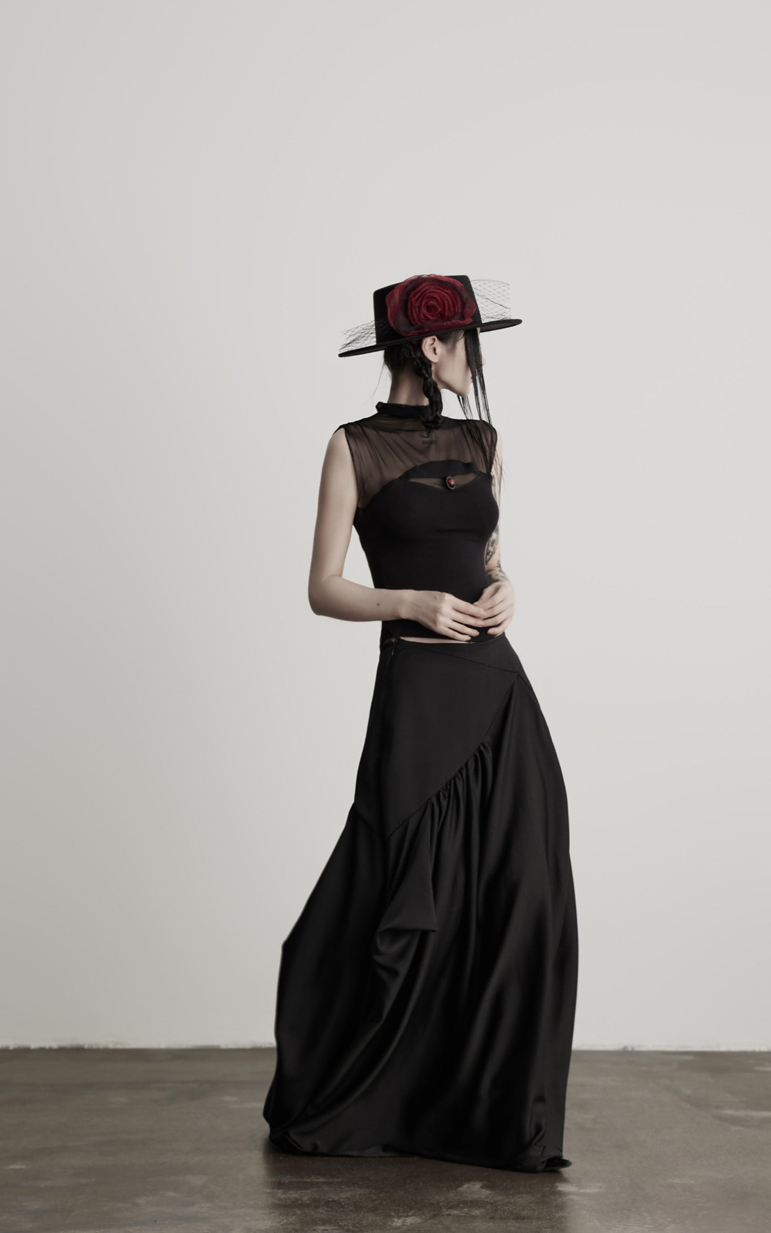 INDULGE IN Gothic Mesh Paneled Sleeveless Top with Red Orb Detail