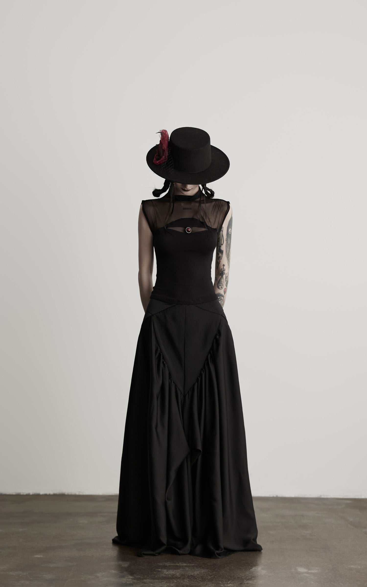 INDULGE IN Gothic Mesh Paneled Sleeveless Top with Red Orb Detail