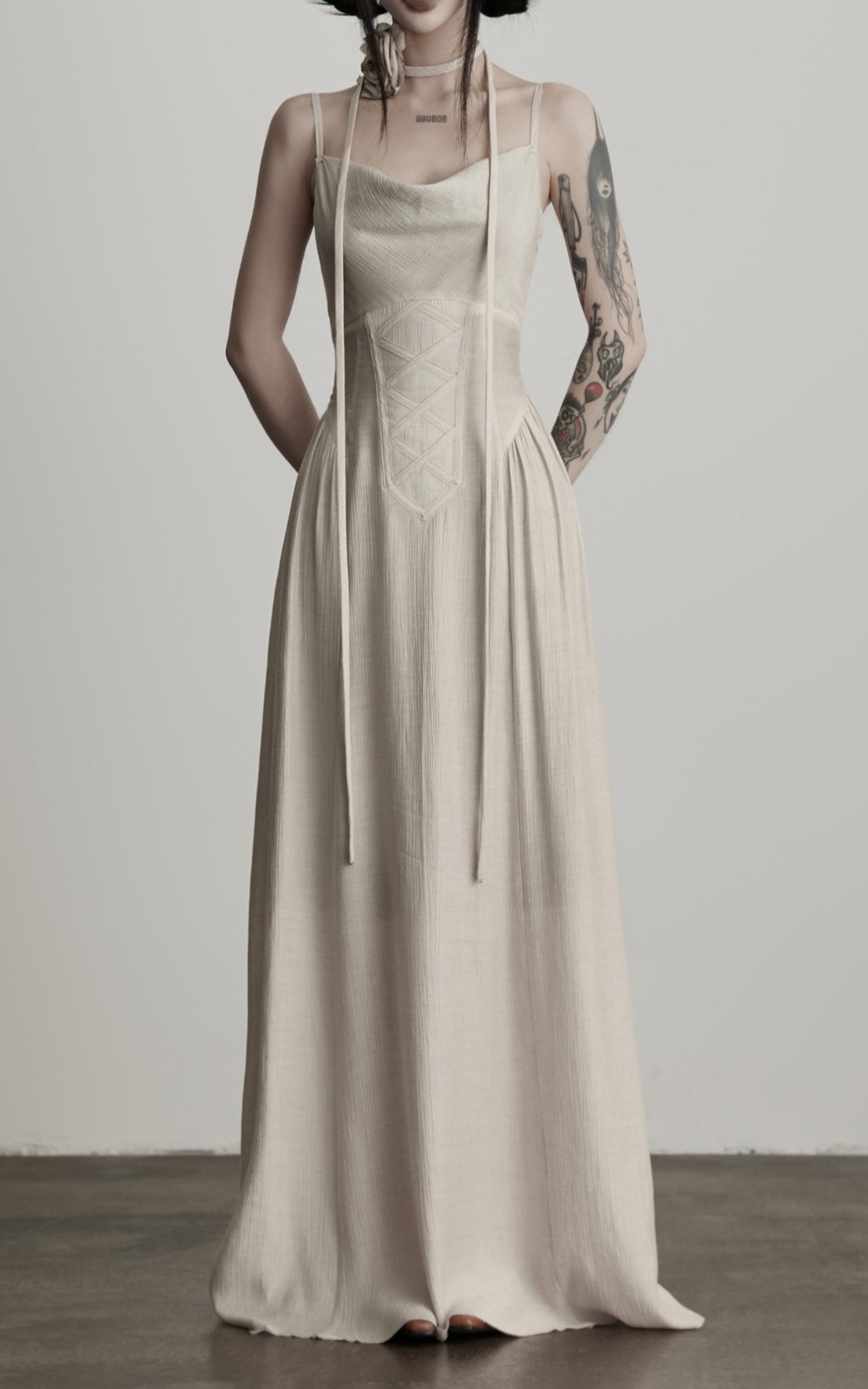 INDULGE Draped Maxi Dress with Corset Waist and Rosette Detail