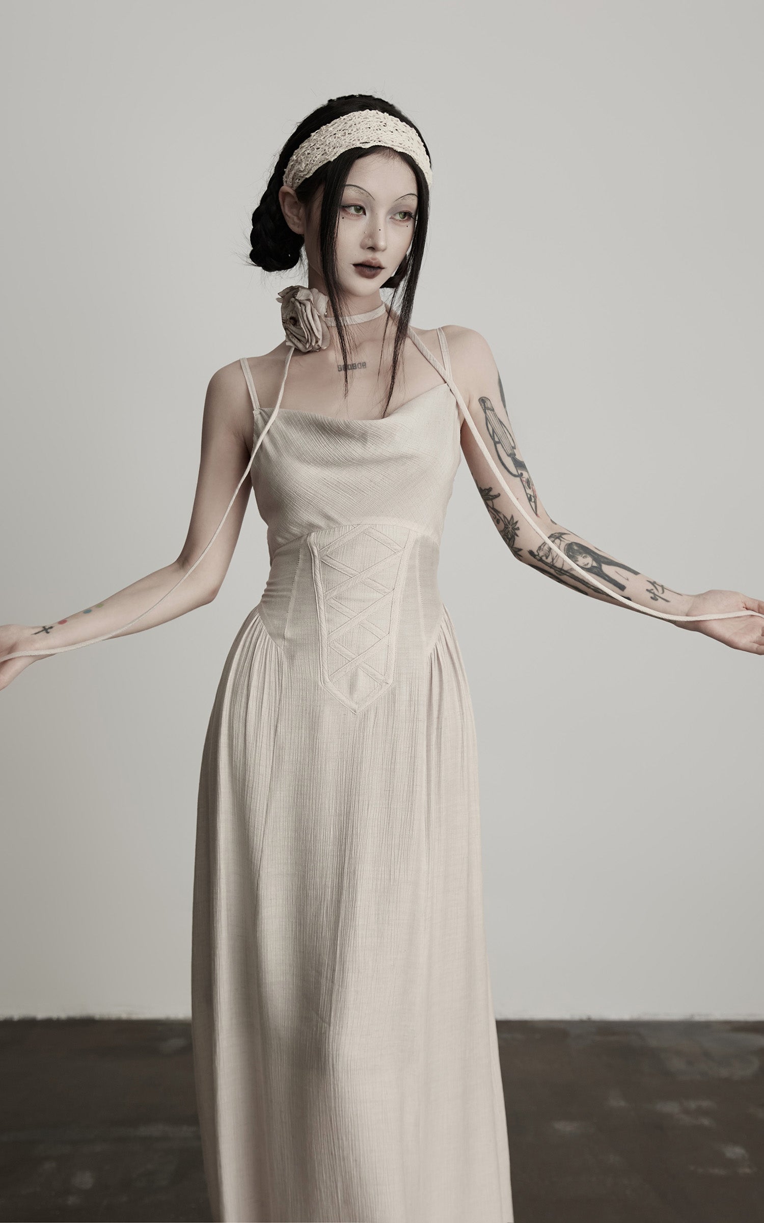 INDULGE Draped Maxi Dress with Corset Waist and Rosette Detail