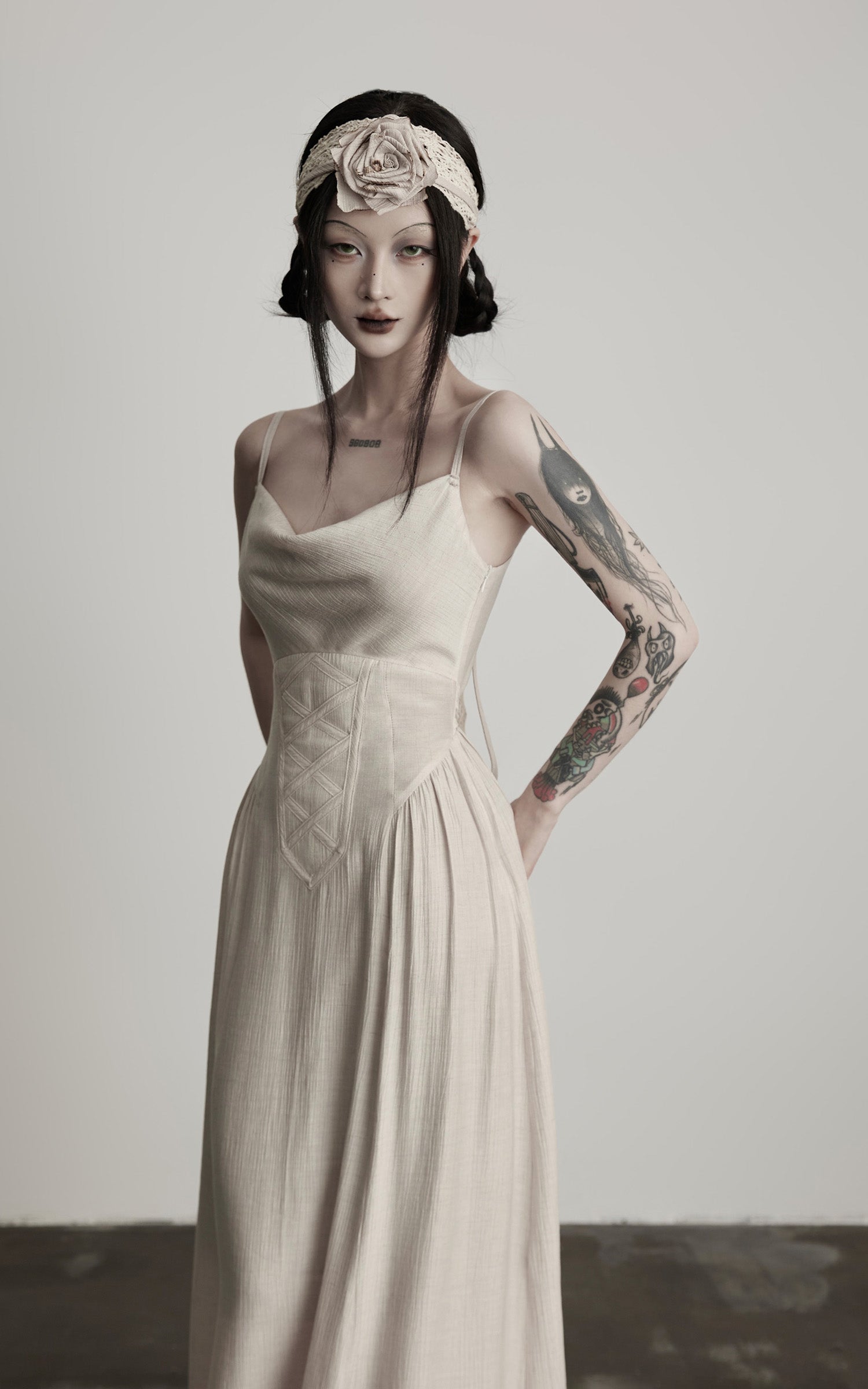 INDULGE Draped Maxi Dress with Corset Waist and Rosette Detail