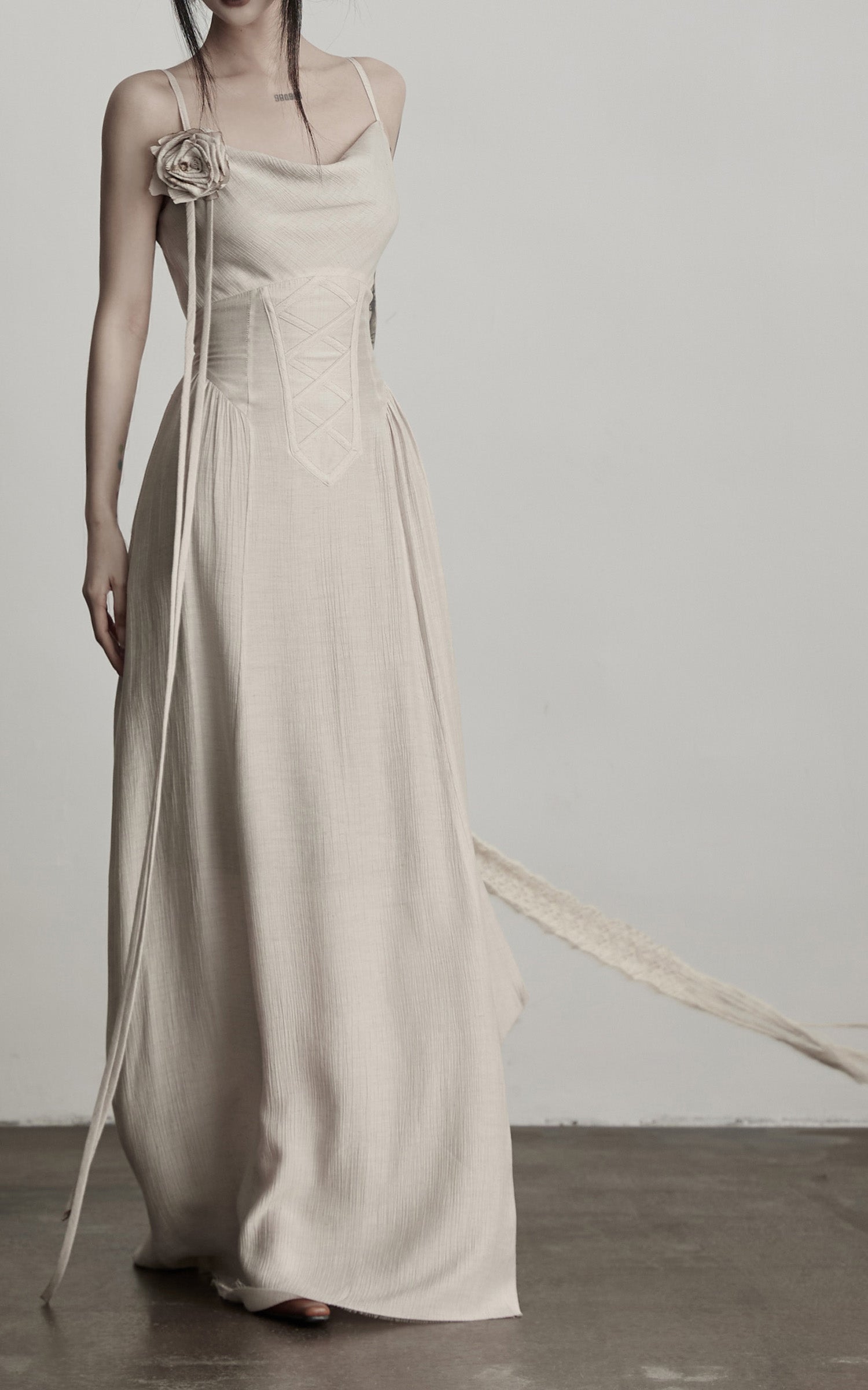 INDULGE Draped Maxi Dress with Corset Waist and Rosette Detail