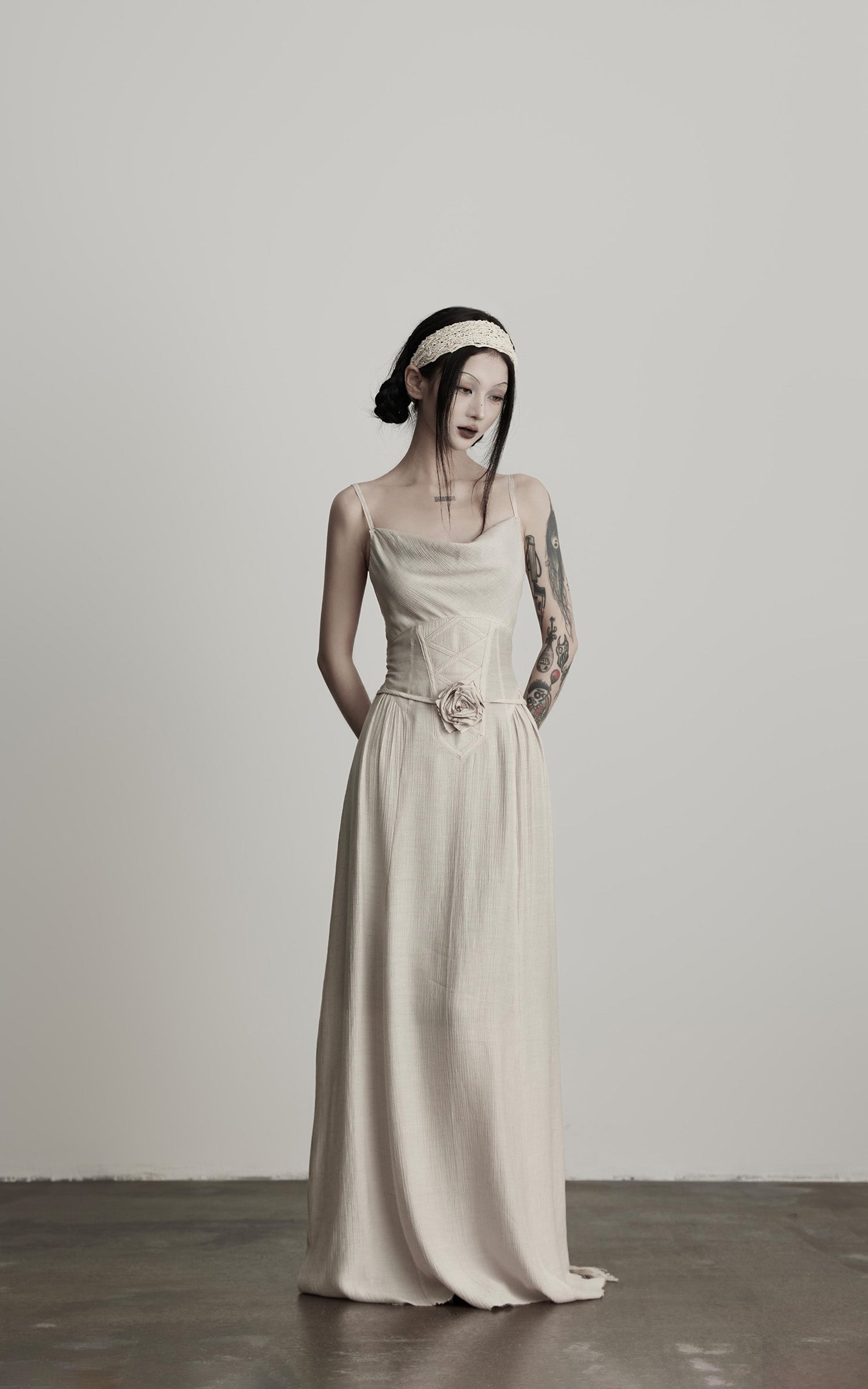 INDULGE Draped Maxi Dress with Corset Waist and Rosette Detail