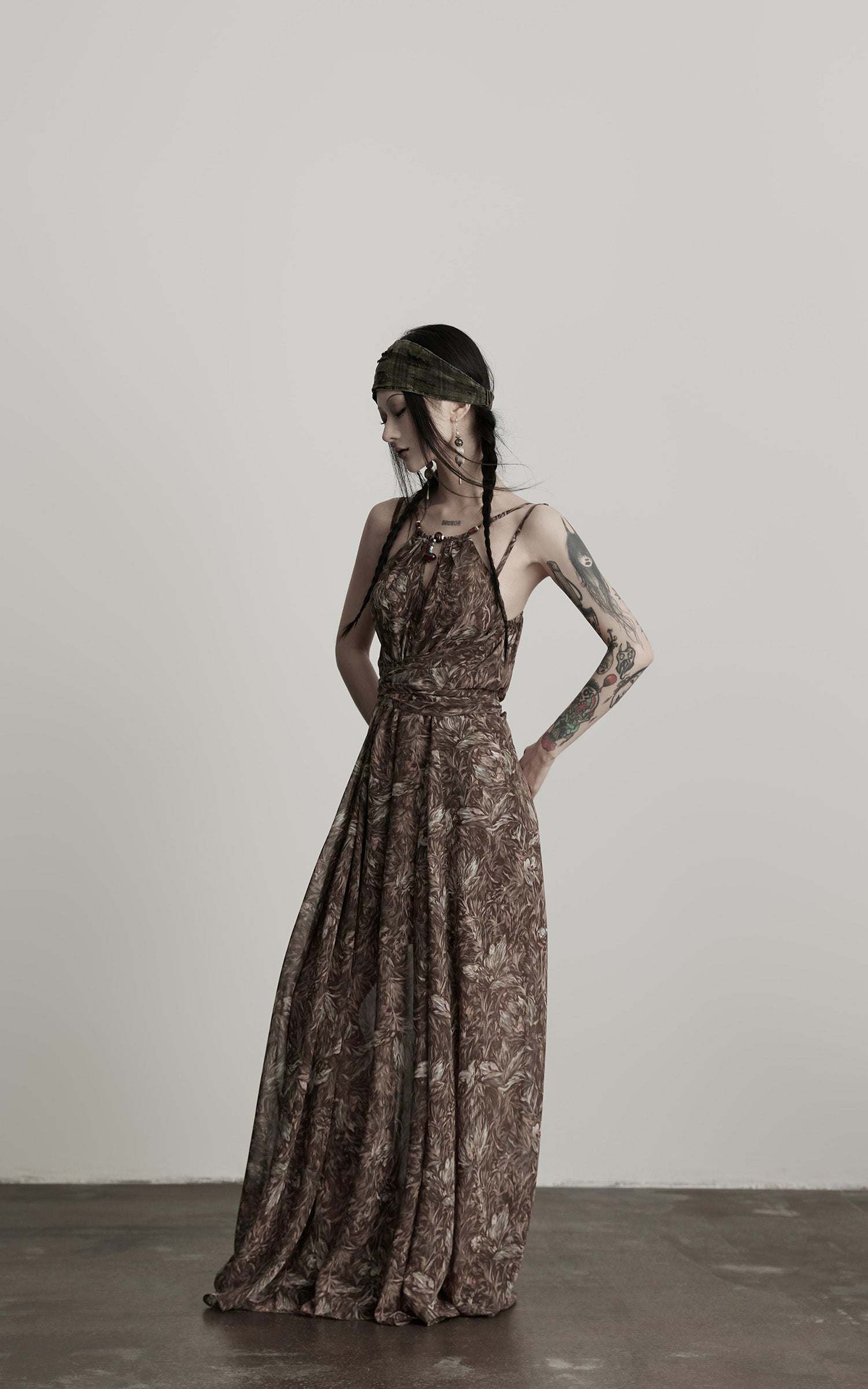 INDULGE Feather-Printed Halter Dress with Beaded Straps and Draped Silhouette