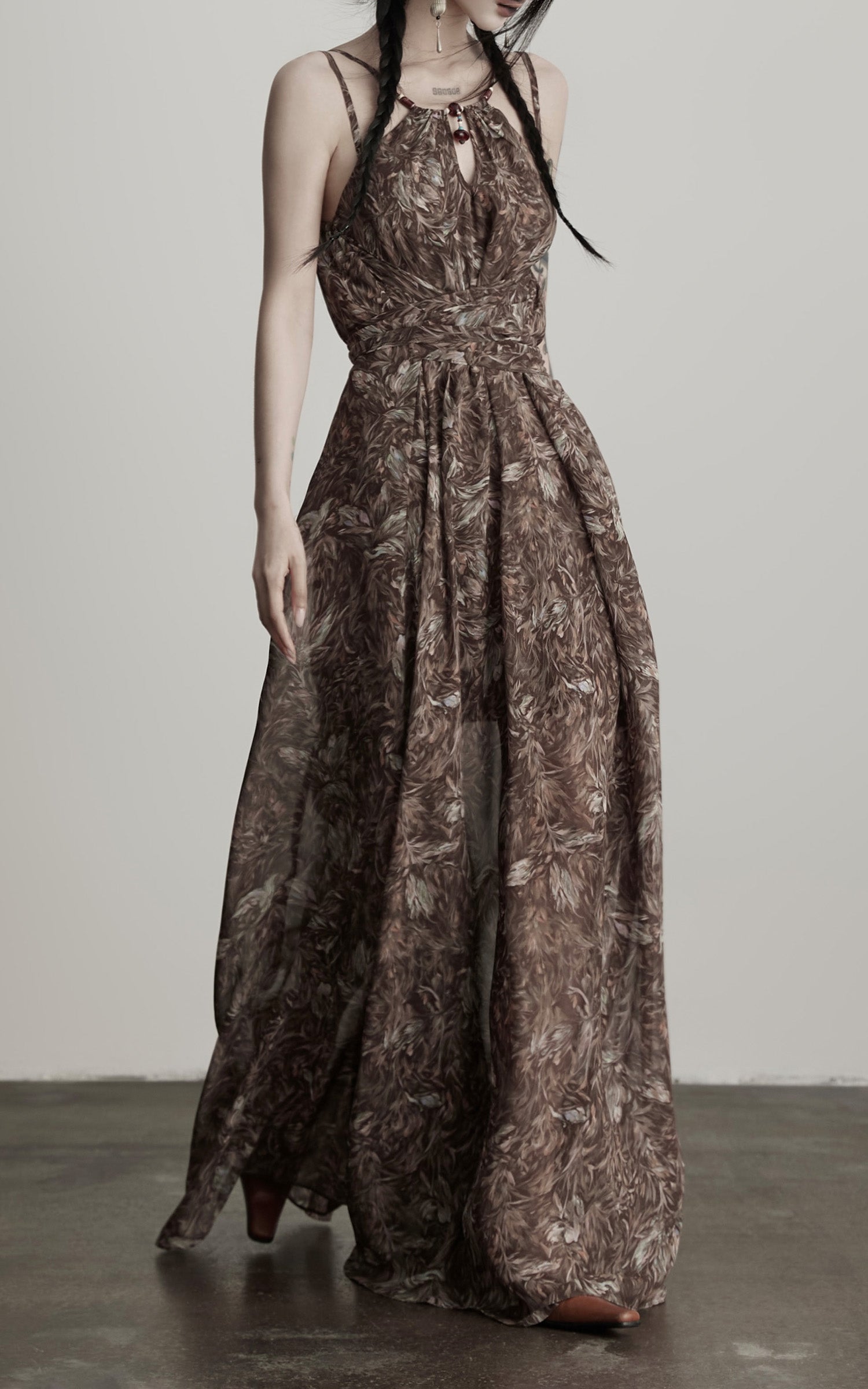 INDULGE Feather-Printed Halter Dress with Beaded Straps and Draped Silhouette