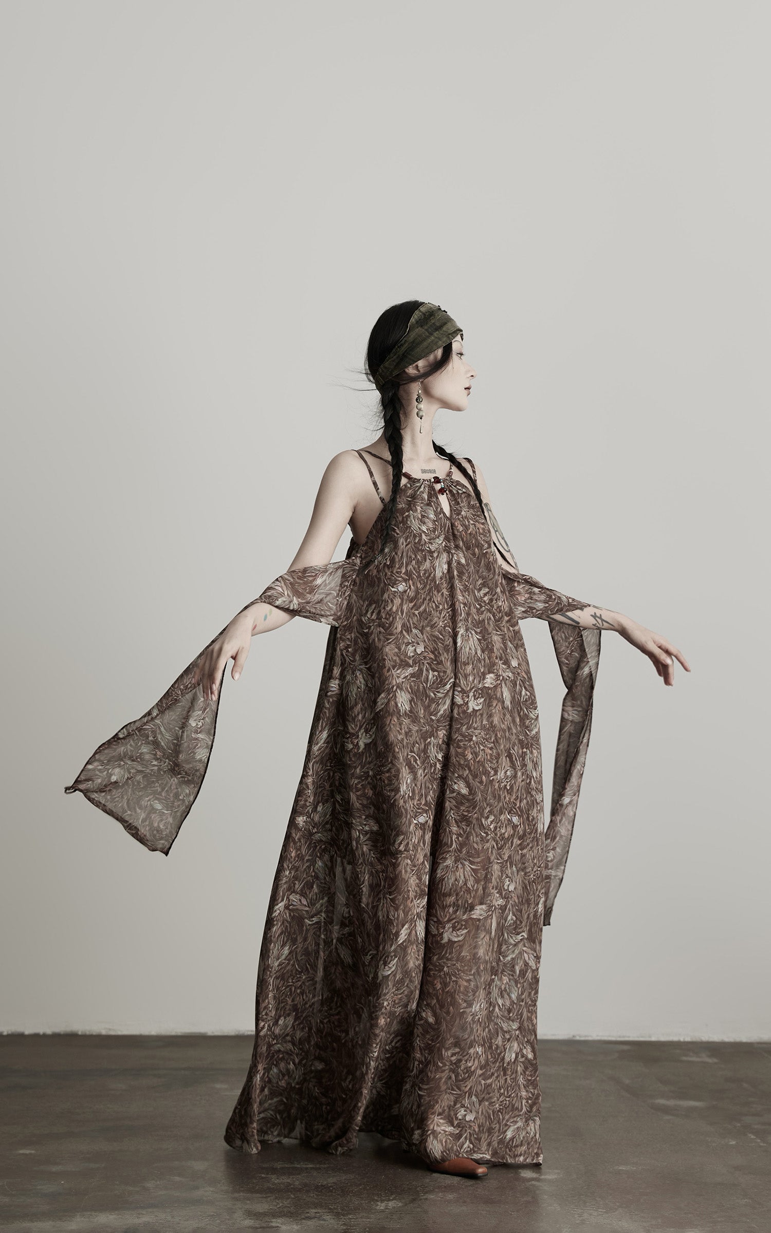 INDULGE Feather-Printed Halter Dress with Beaded Straps and Draped Silhouette