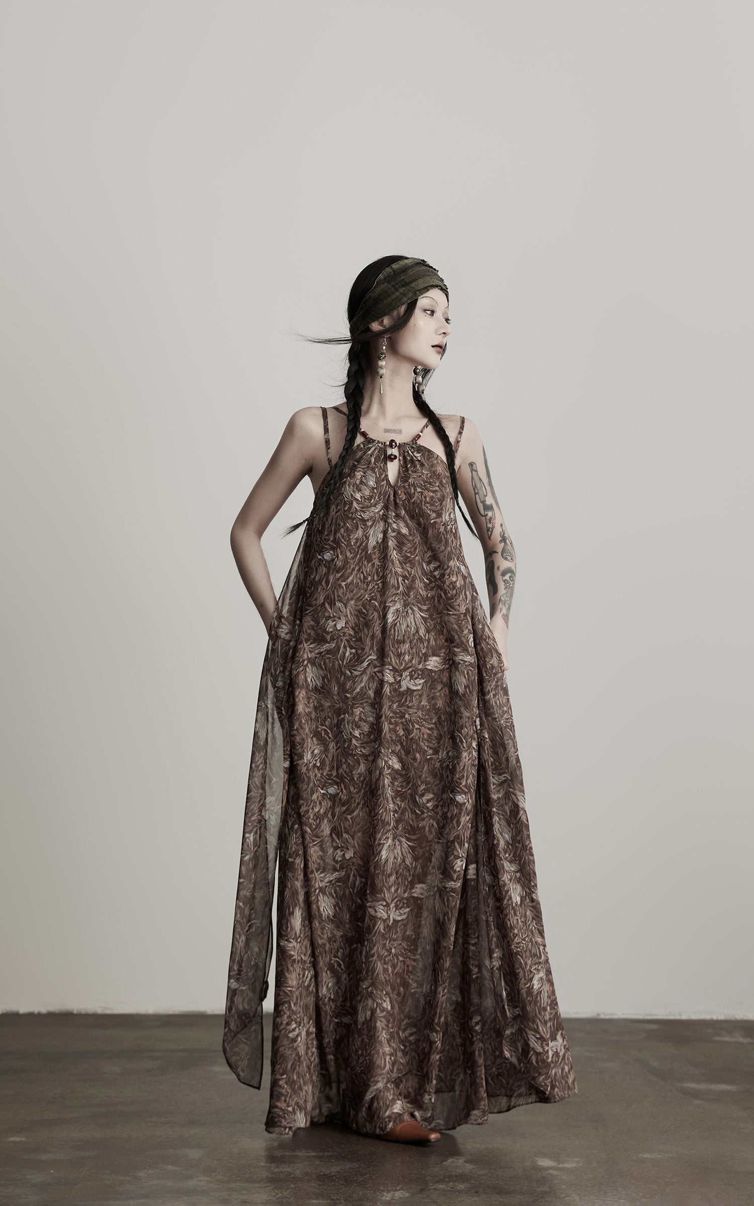 INDULGE Feather-Printed Halter Dress with Beaded Straps and Draped Silhouette