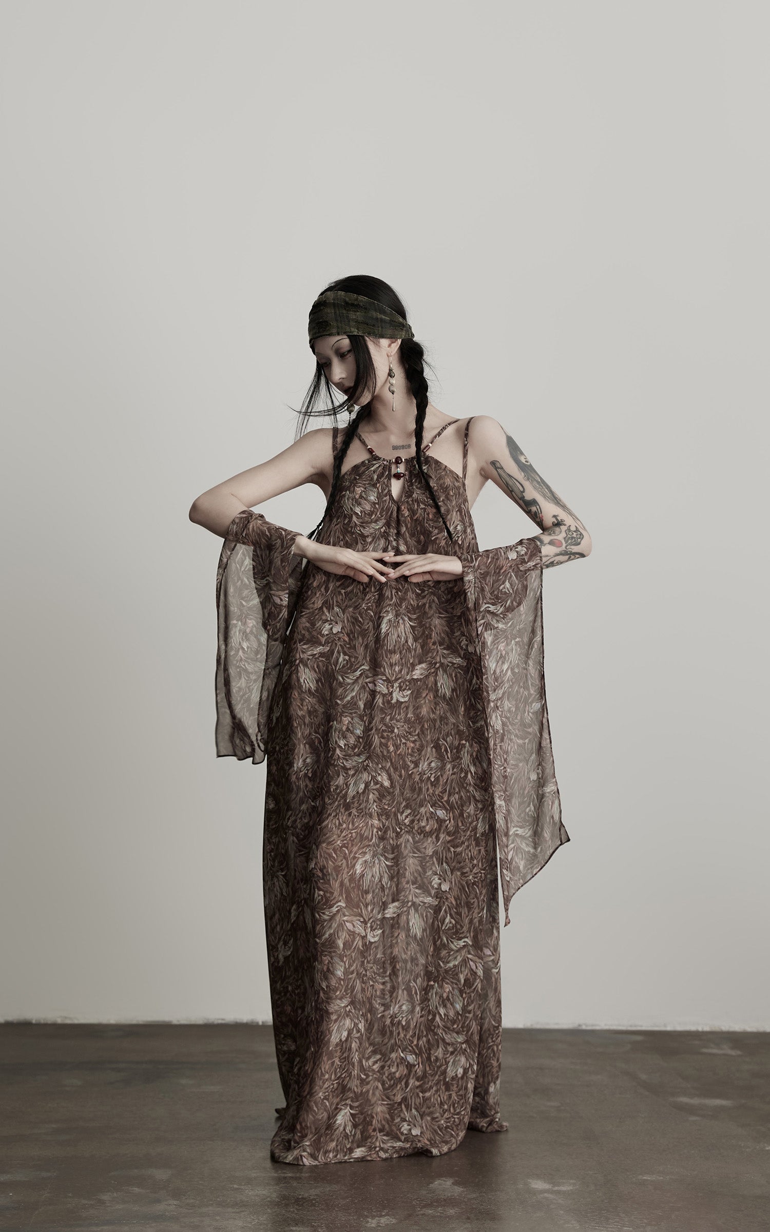 INDULGE Feather-Printed Halter Dress with Beaded Straps and Draped Silhouette