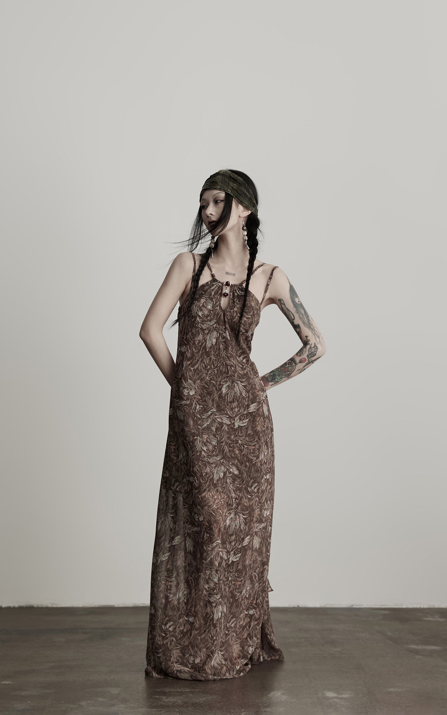 INDULGE Feather-Printed Halter Dress with Beaded Straps and Draped Silhouette