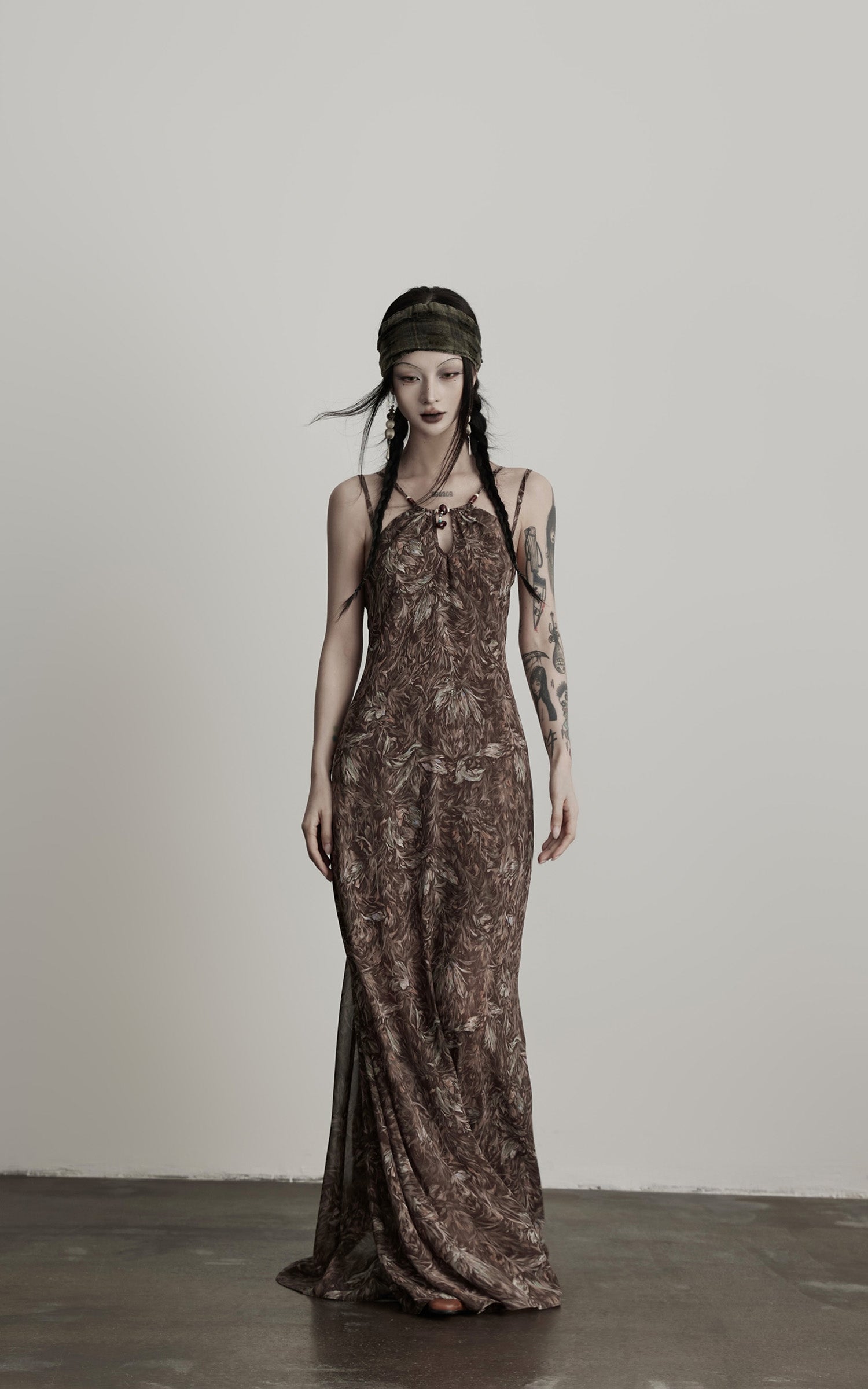 INDULGE Feather-Printed Halter Dress with Beaded Straps and Draped Silhouette