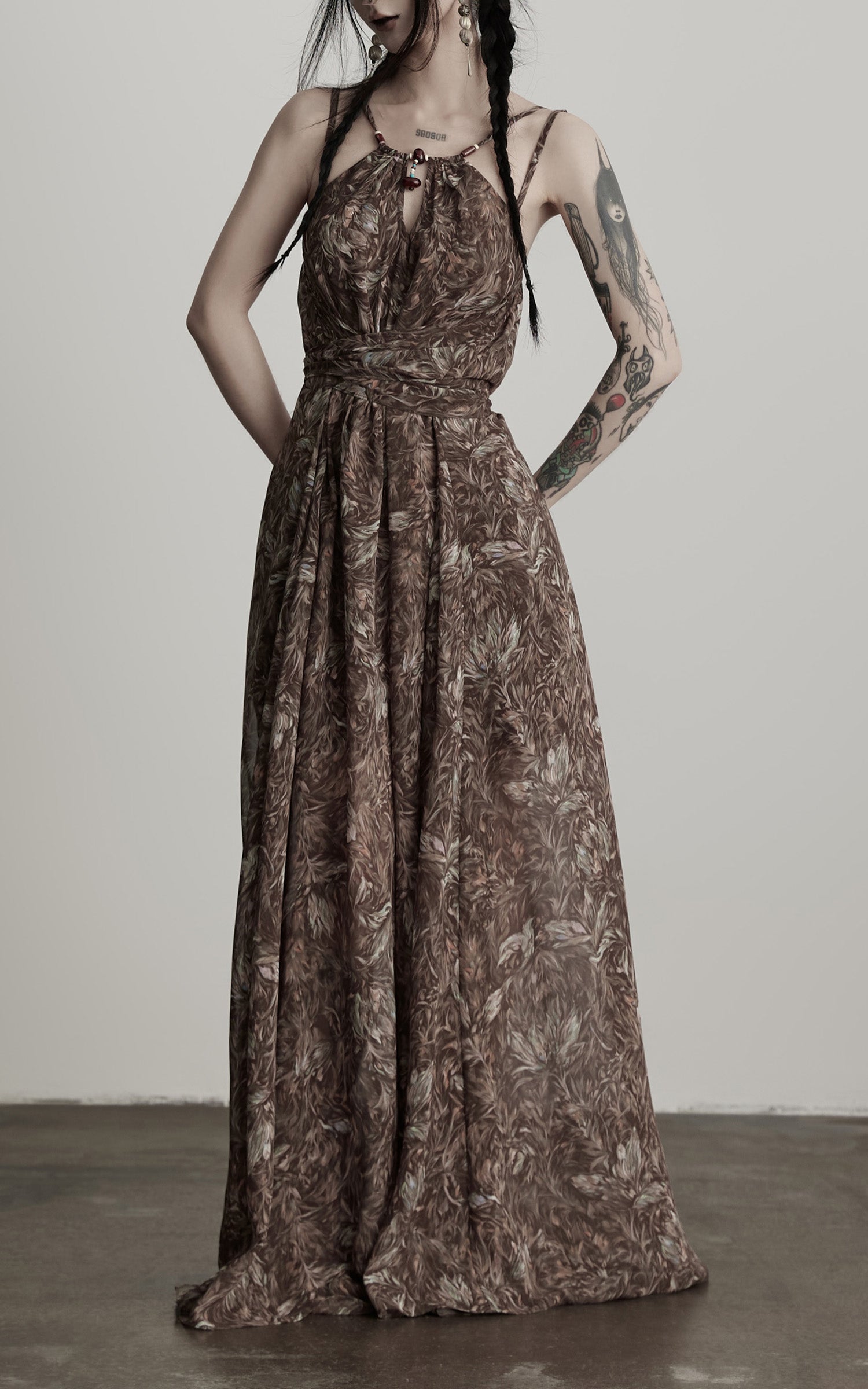 INDULGE Feather-Printed Halter Dress with Beaded Straps and Draped Silhouette