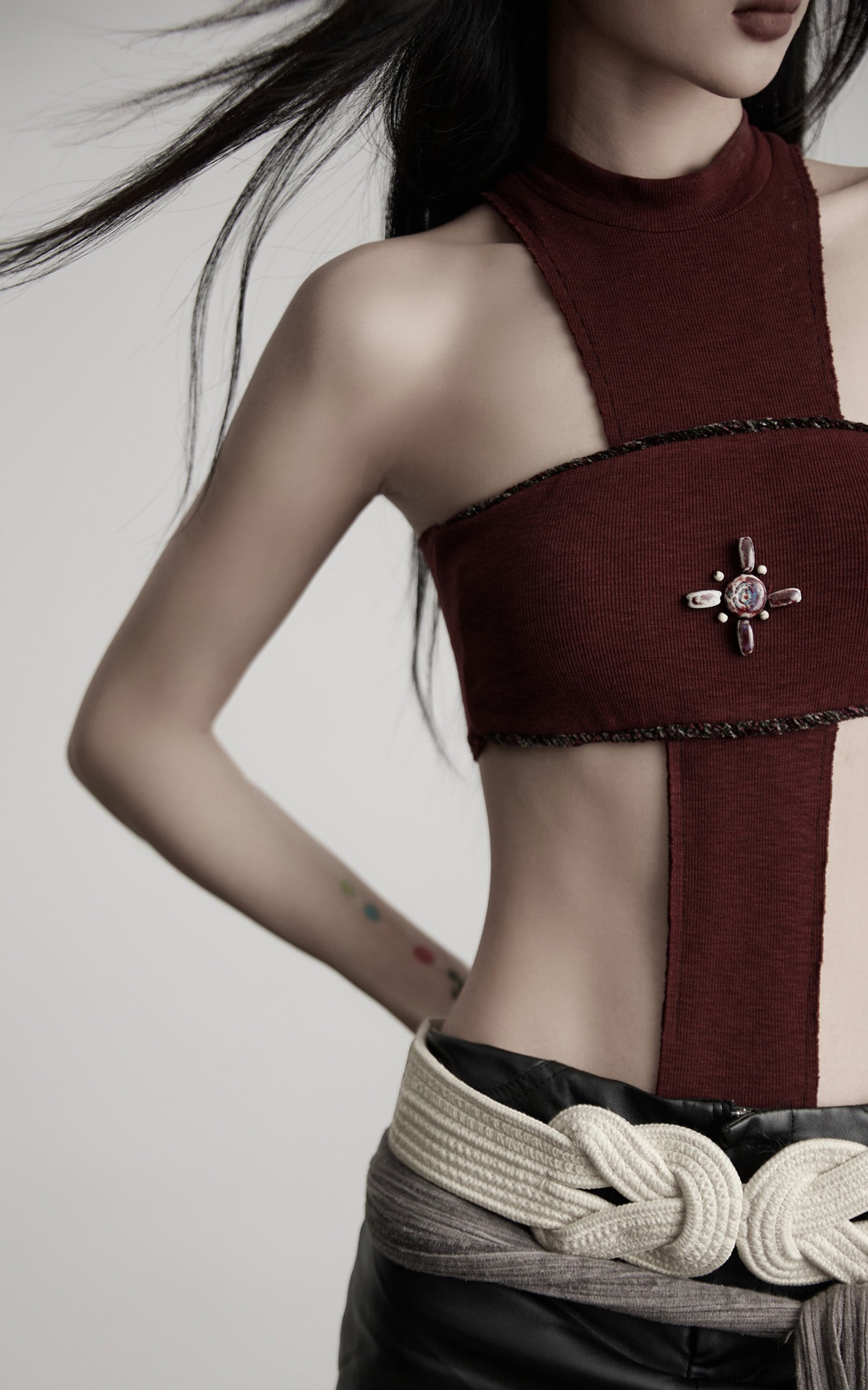 INDULGE Asymmetric Cutout Bodysuit with Ceramic Cross Embellishment