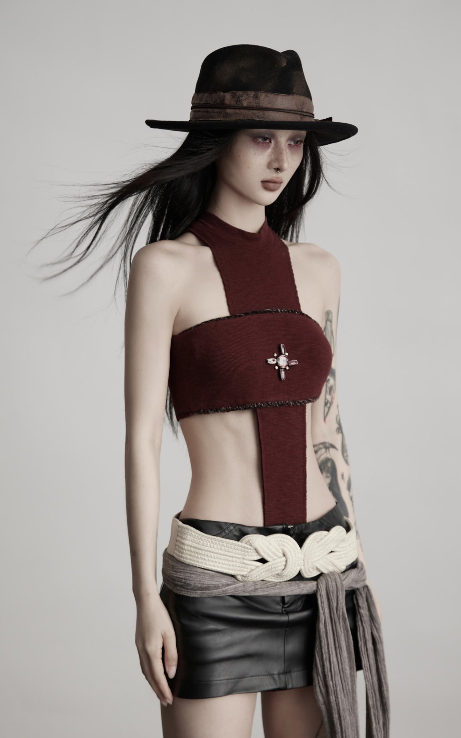 INDULGE Asymmetric Cutout Bodysuit with Ceramic Cross Embellishment