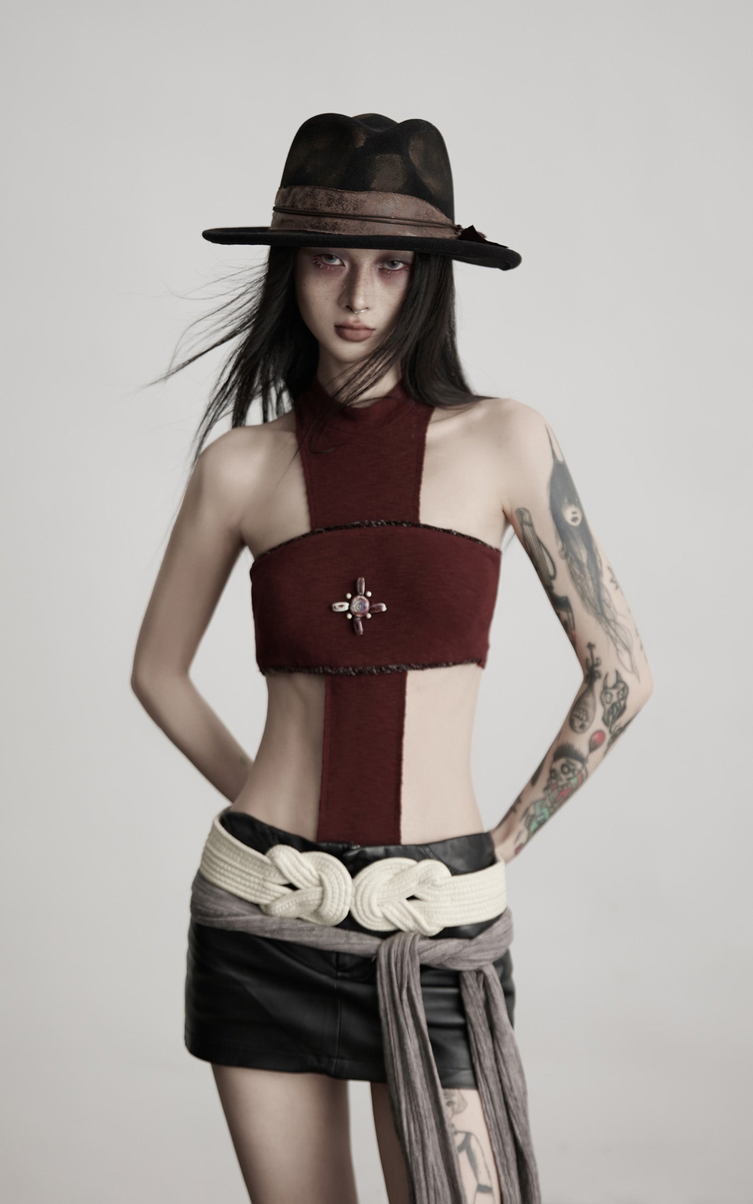 INDULGE Asymmetric Cutout Bodysuit with Ceramic Cross Embellishment