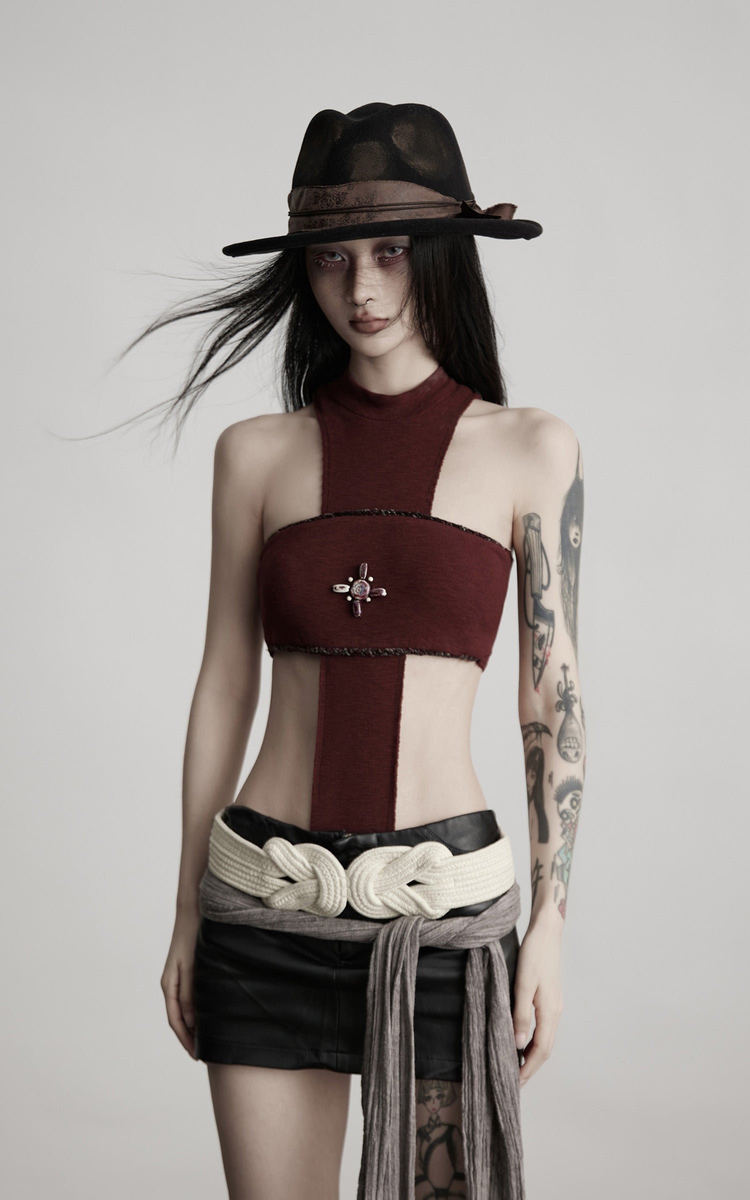 INDULGE Asymmetric Cutout Bodysuit with Ceramic Cross Embellishment