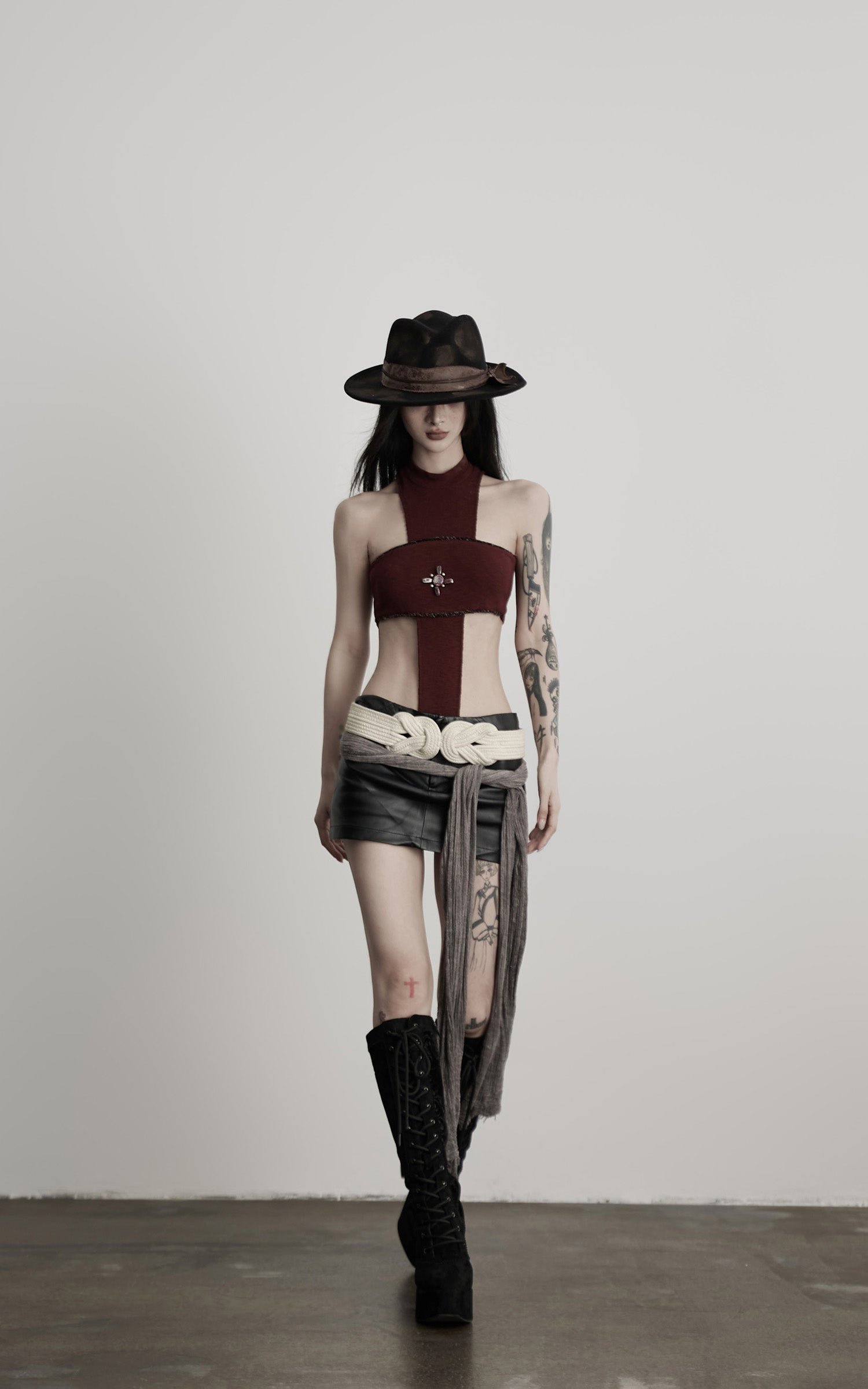 INDULGE Asymmetric Cutout Bodysuit with Ceramic Cross Embellishment