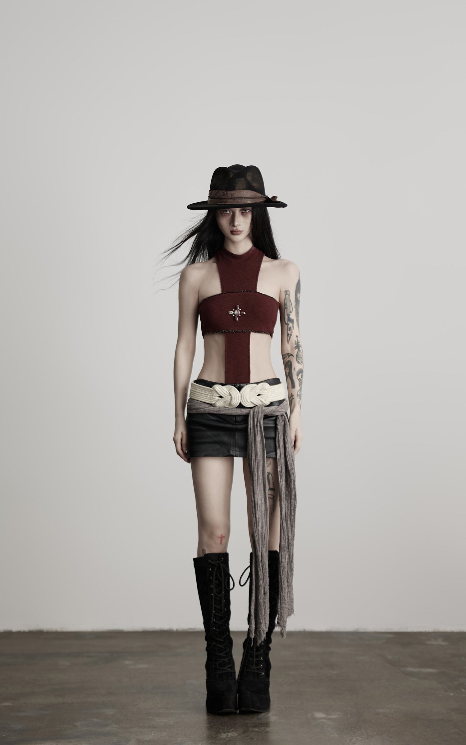 INDULGE Asymmetric Cutout Bodysuit with Ceramic Cross Embellishment
