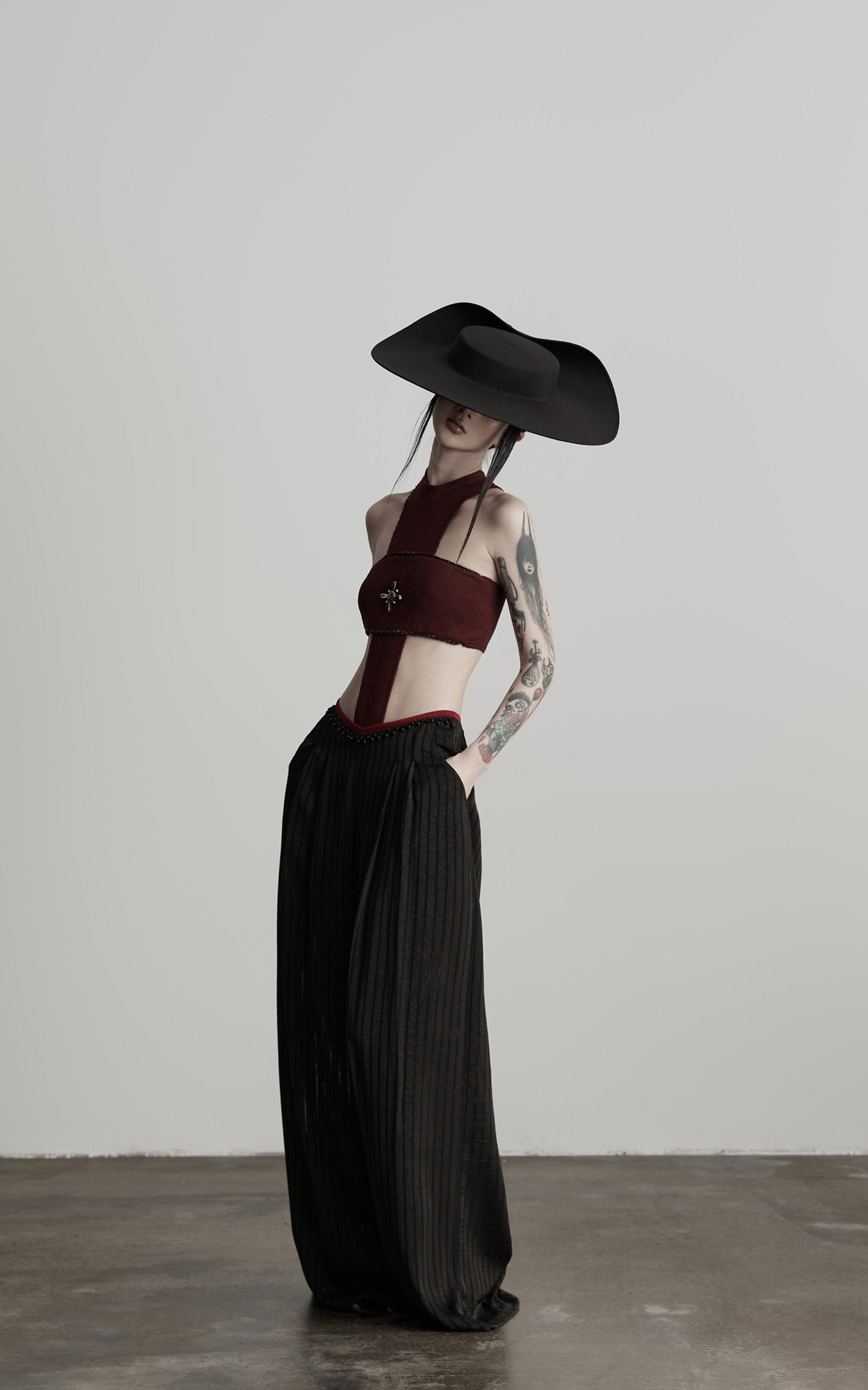 INDULGE Ruched Wide-Leg Pants with V-Cut Waist and Beaded Trim