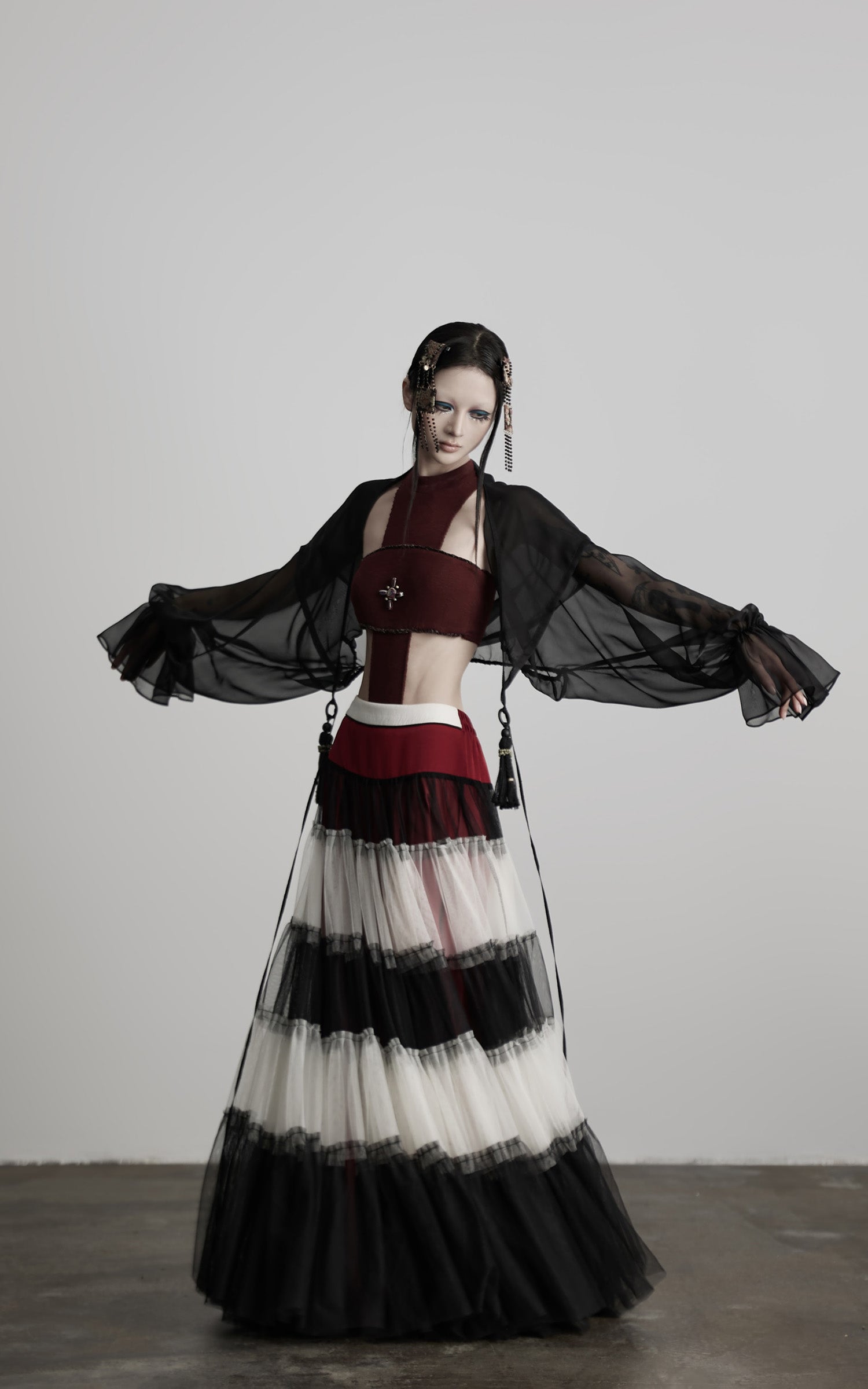 INDULGE Draped Mesh Hooded Cardigan with Tassel Accents and Voluminous Sleeves