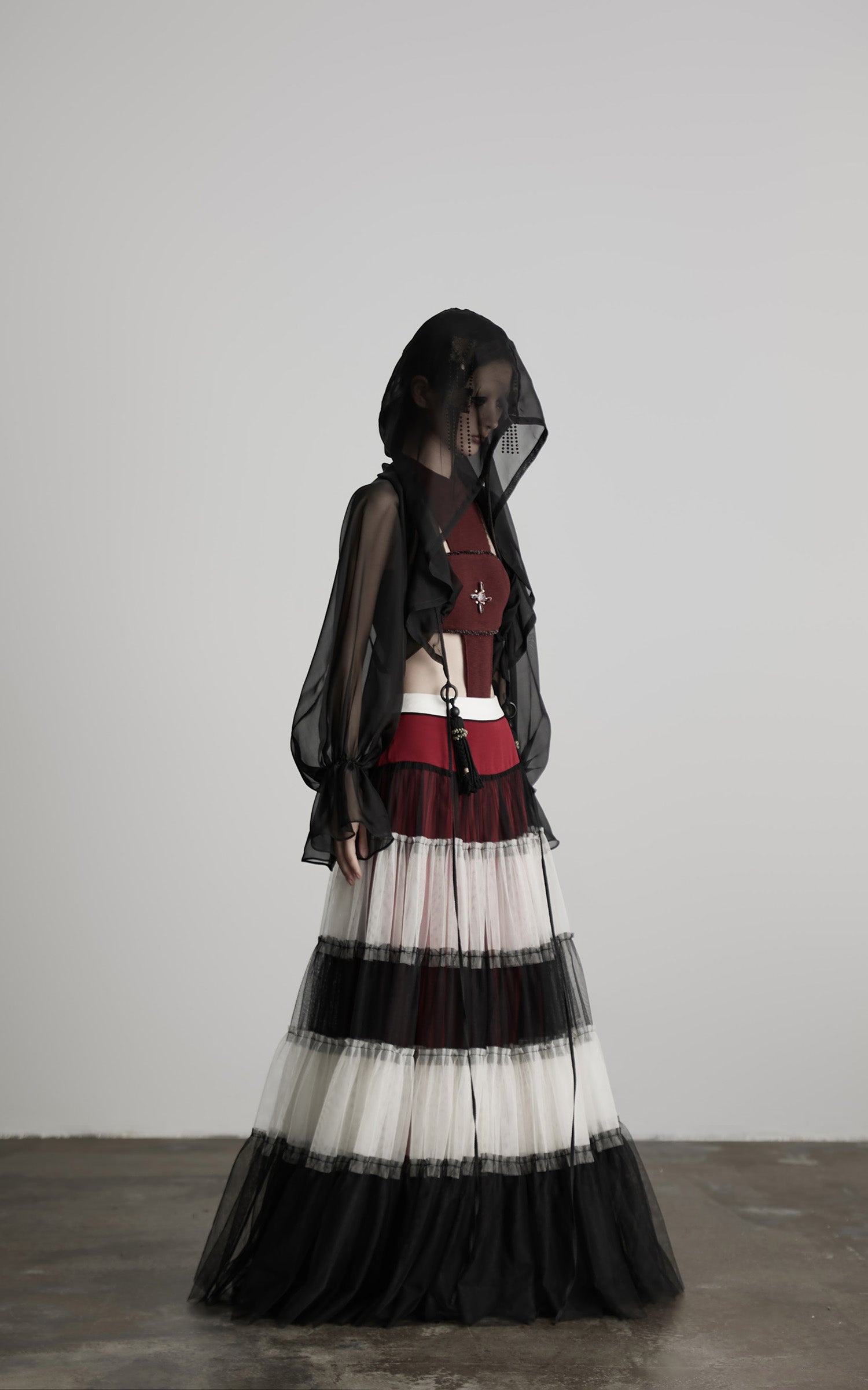 INDULGE Draped Mesh Hooded Cardigan with Tassel Accents and Voluminous Sleeves