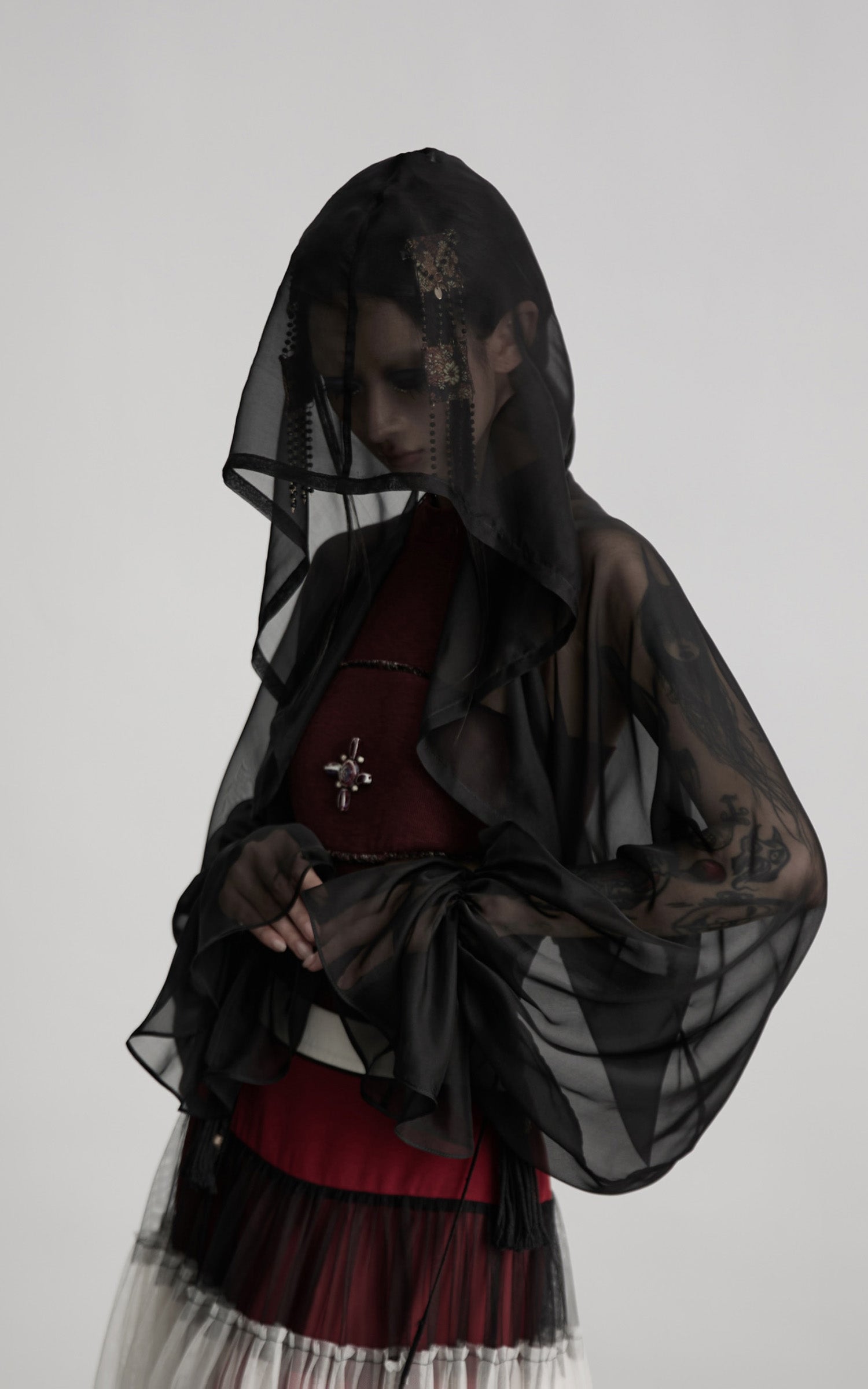 INDULGE Draped Mesh Hooded Cardigan with Tassel Accents and Voluminous Sleeves