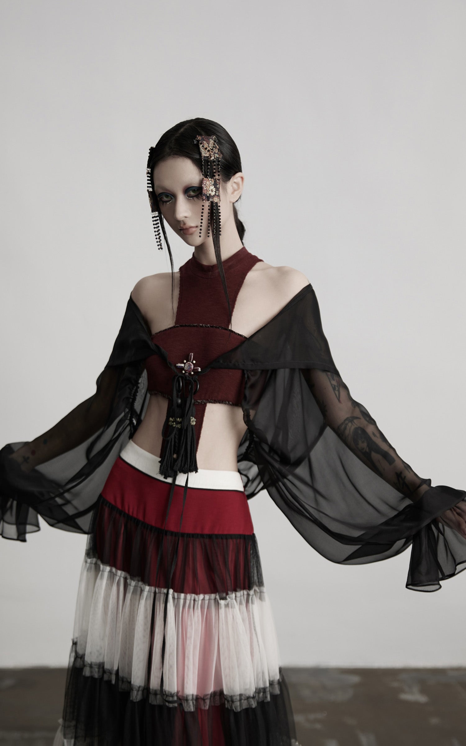 INDULGE Draped Mesh Hooded Cardigan with Tassel Accents and Voluminous Sleeves
