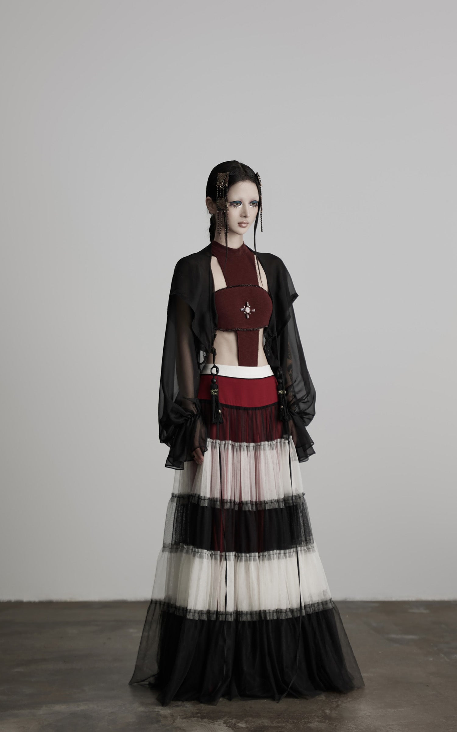 INDULGE Draped Mesh Hooded Cardigan with Tassel Accents and Voluminous Sleeves