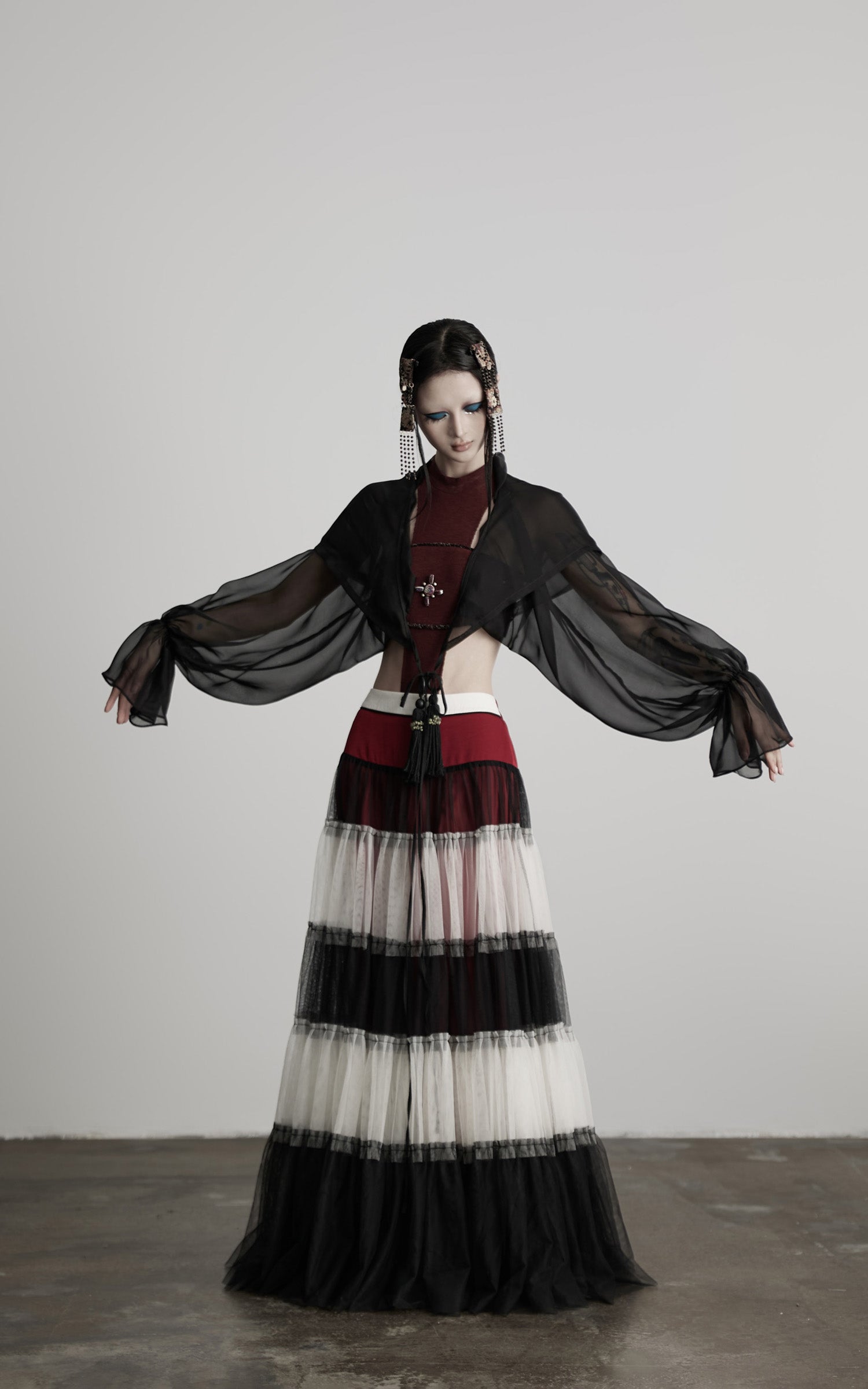INDULGE Draped Mesh Hooded Cardigan with Tassel Accents and Voluminous Sleeves