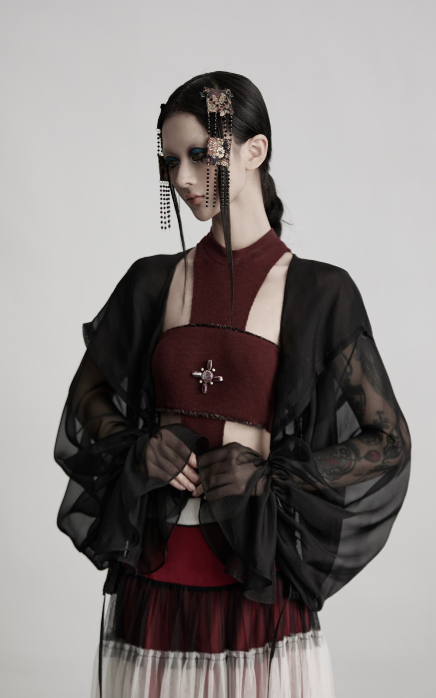 INDULGE Draped Mesh Hooded Cardigan with Tassel Accents and Voluminous Sleeves