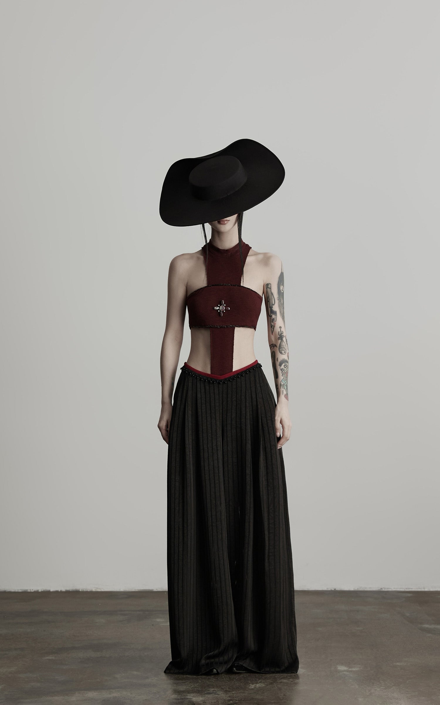 INDULGE Ruched Wide-Leg Pants with V-Cut Waist and Beaded Trim