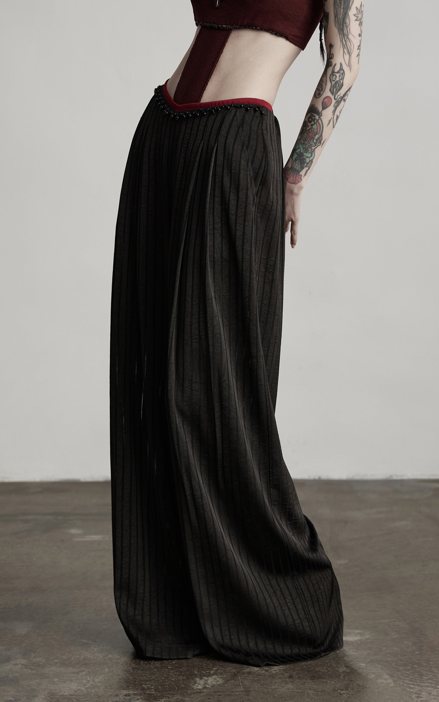 INDULGE Ruched Wide-Leg Pants with V-Cut Waist and Beaded Trim