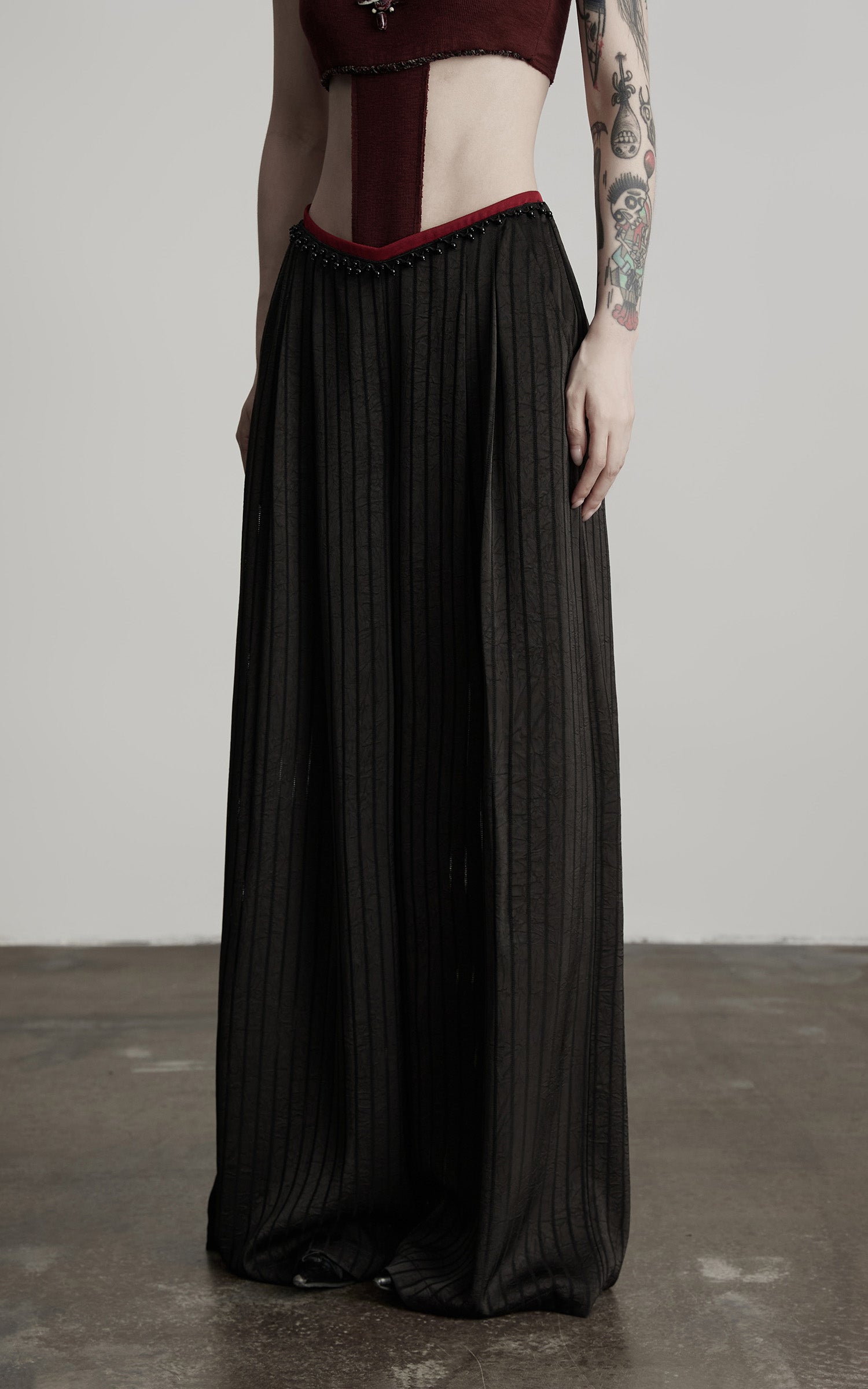 INDULGE Ruched Wide-Leg Pants with V-Cut Waist and Beaded Trim
