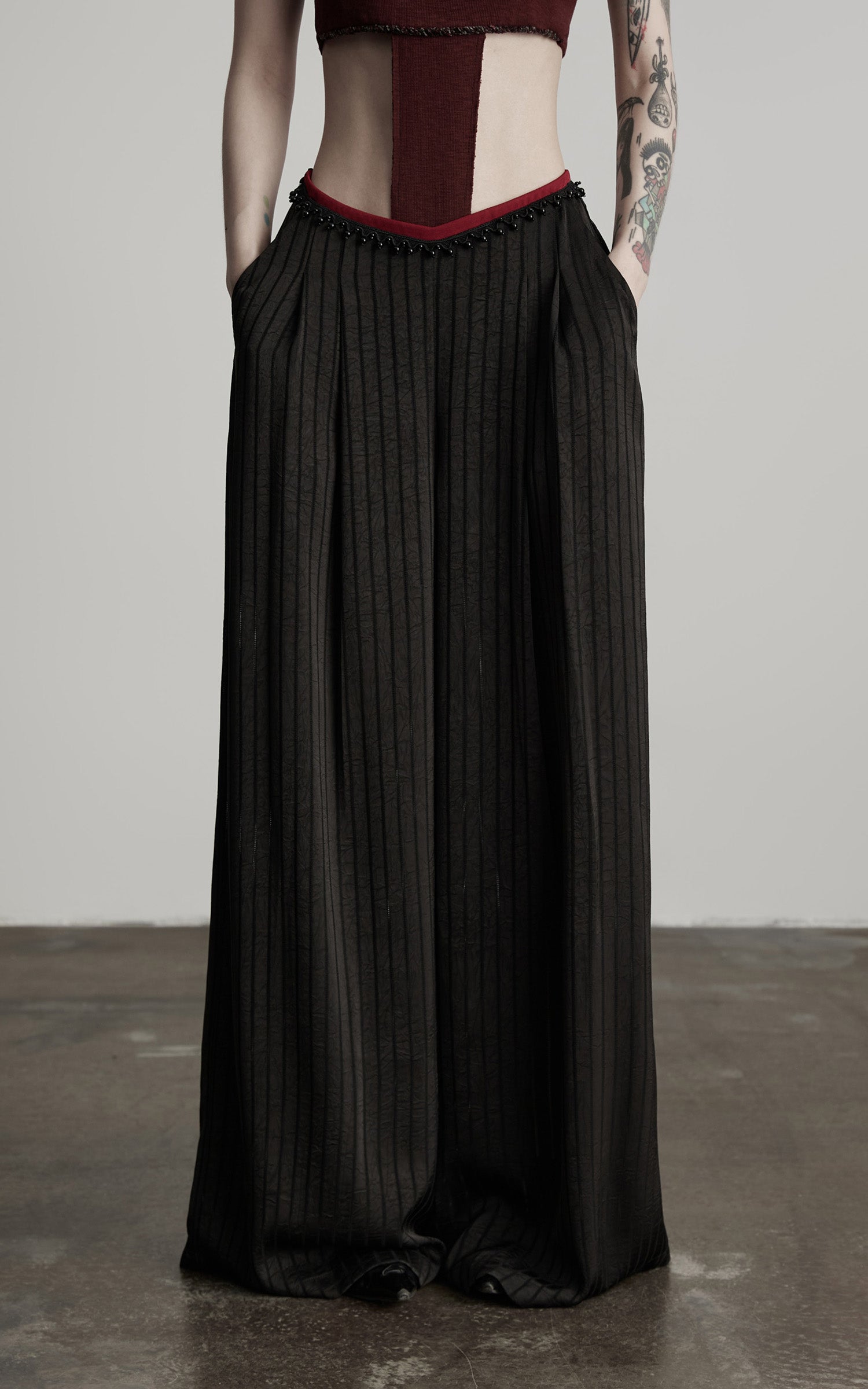 INDULGE Ruched Wide-Leg Pants with V-Cut Waist and Beaded Trim
