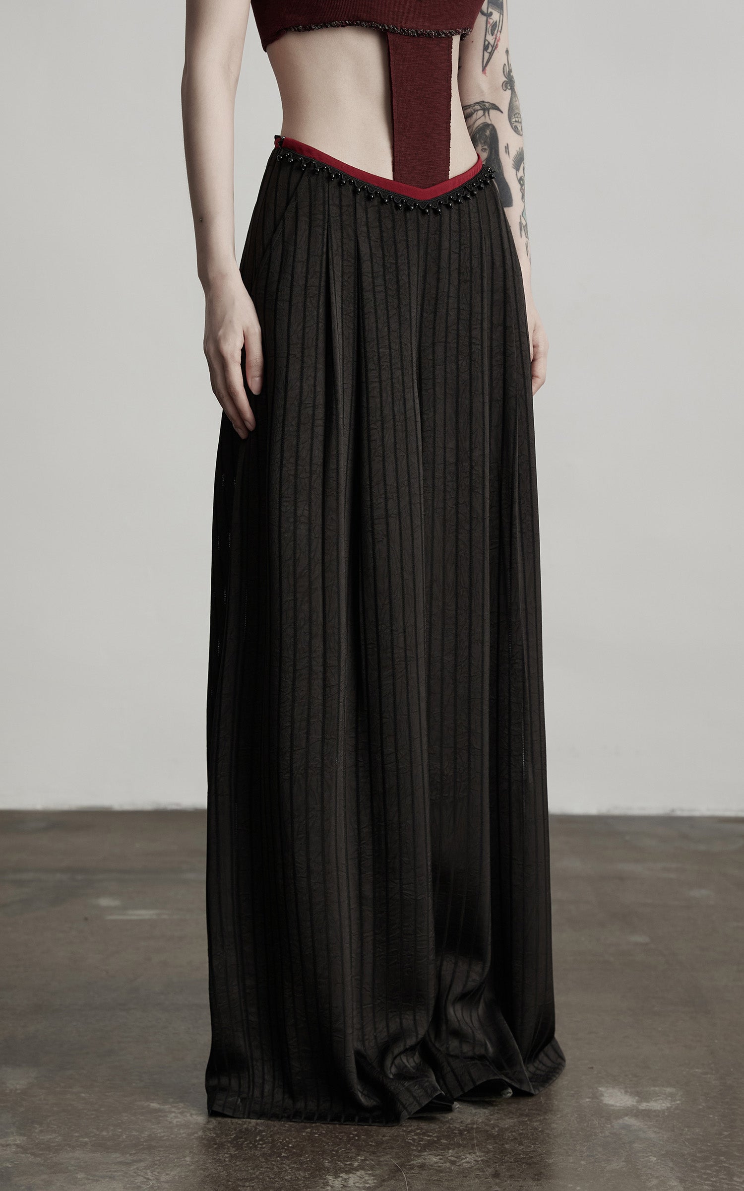 INDULGE Ruched Wide-Leg Pants with V-Cut Waist and Beaded Trim