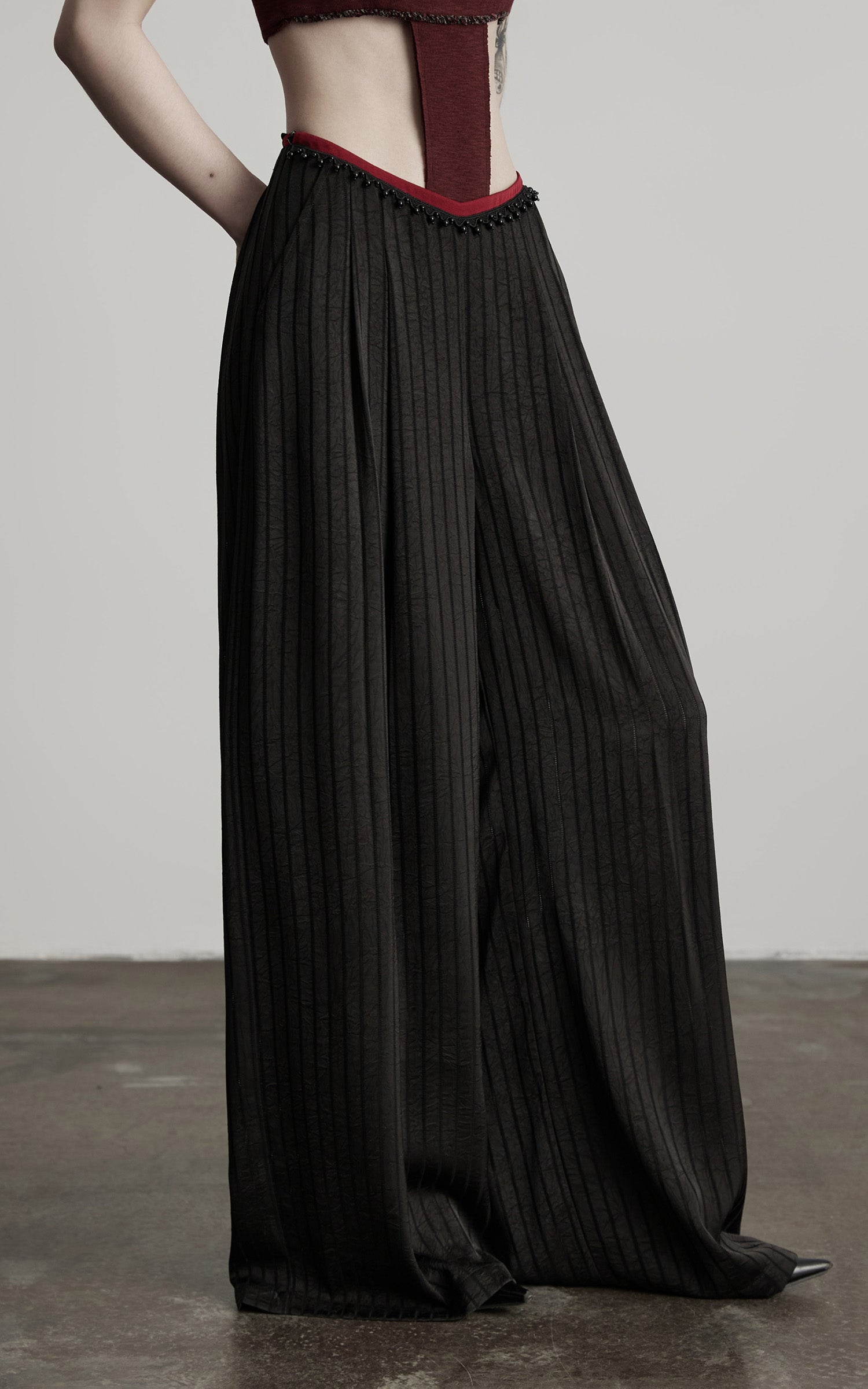 INDULGE Ruched Wide-Leg Pants with V-Cut Waist and Beaded Trim