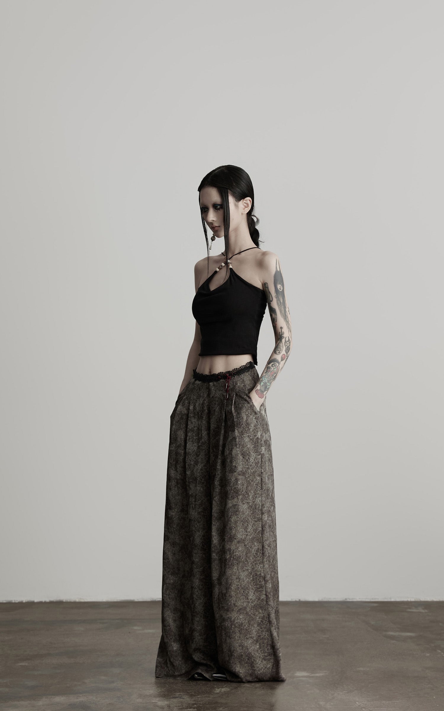 INDULGE Shadow Jacquard Wide Pants with Lace Waist and Beaded Trim