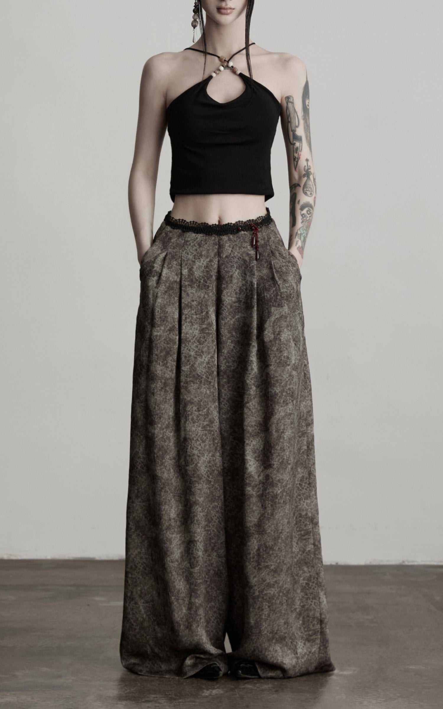 INDULGE Shadow Jacquard Wide Pants with Lace Waist and Beaded Trim