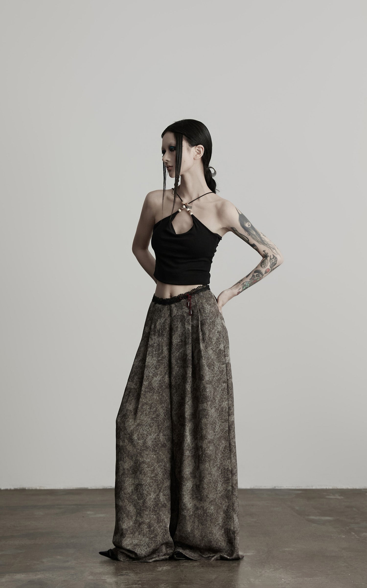 INDULGE Shadow Jacquard Wide Pants with Lace Waist and Beaded Trim