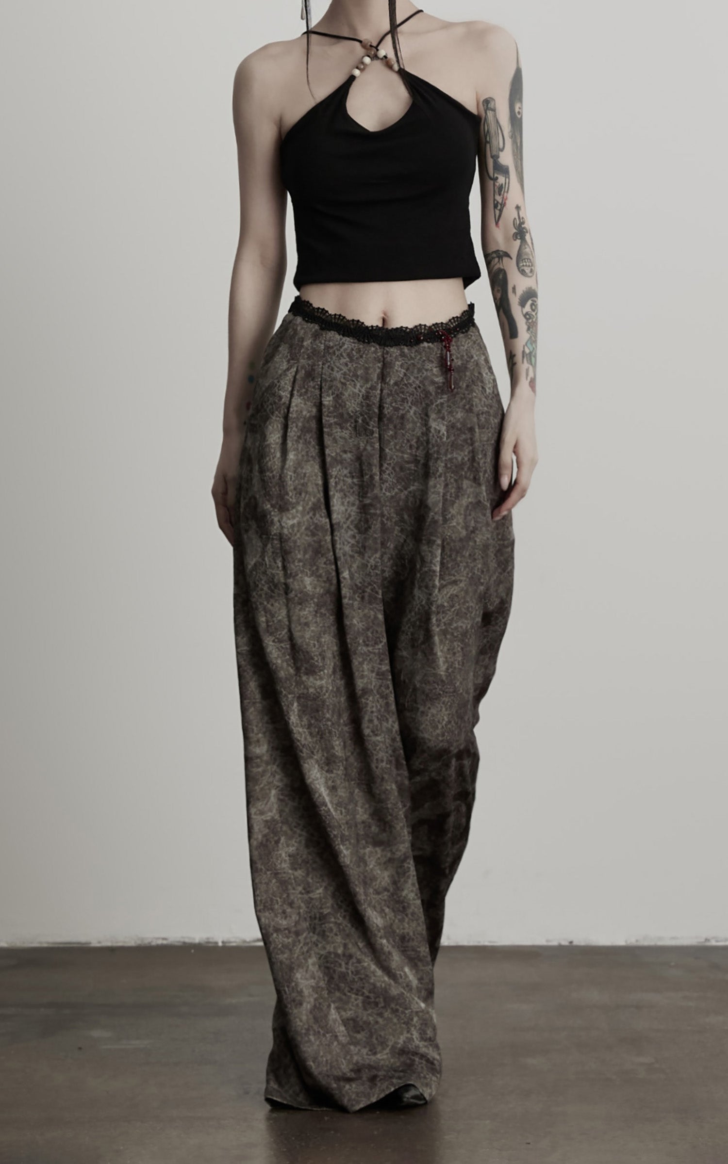 INDULGE Shadow Jacquard Wide Pants with Lace Waist and Beaded Trim