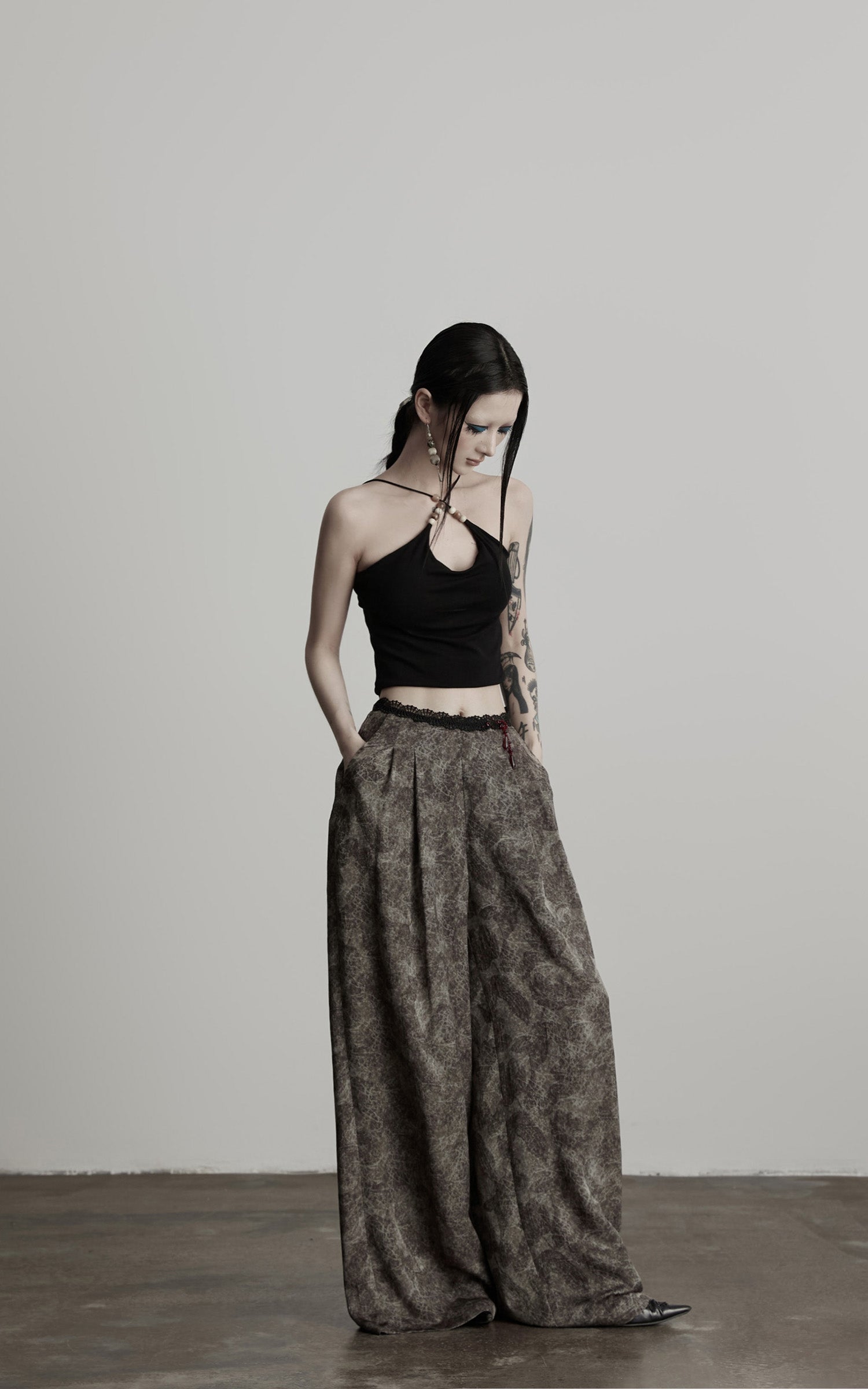 INDULGE Shadow Jacquard Wide Pants with Lace Waist and Beaded Trim
