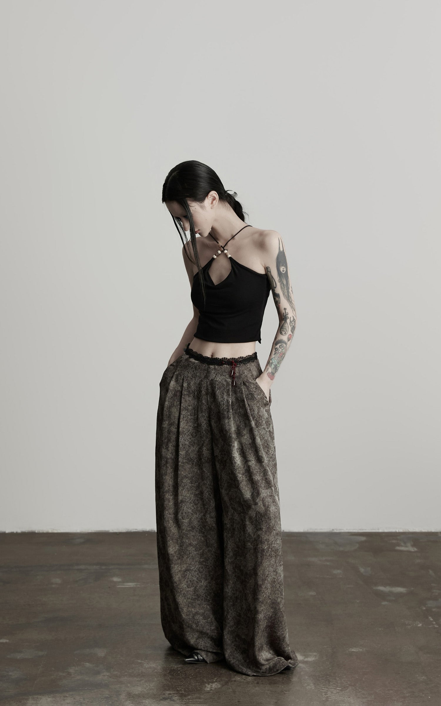 INDULGE Shadow Jacquard Wide Pants with Lace Waist and Beaded Trim