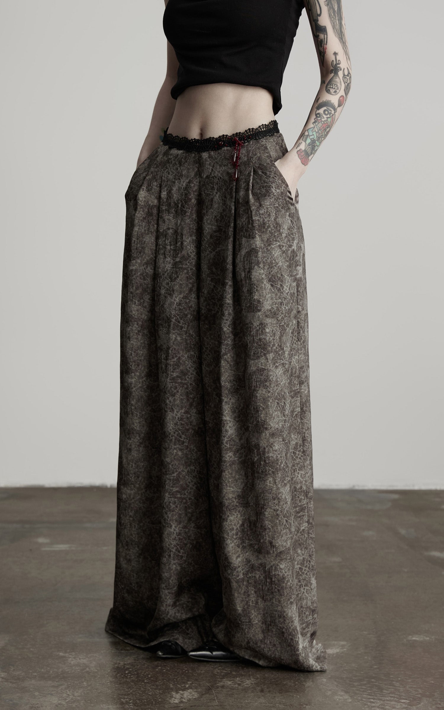 INDULGE Shadow Jacquard Wide Pants with Lace Waist and Beaded Trim