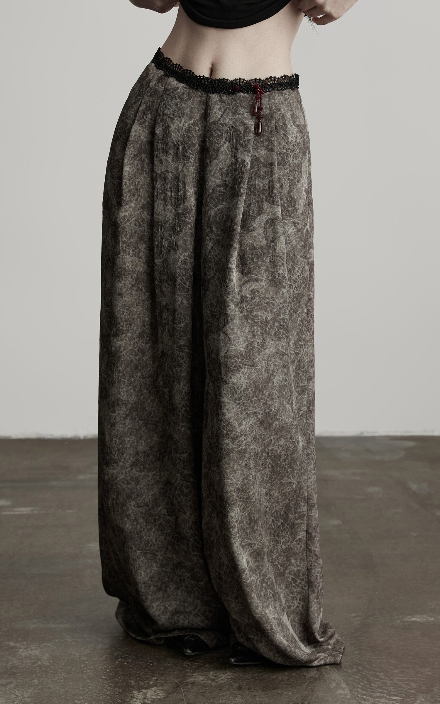 INDULGE Shadow Jacquard Wide Pants with Lace Waist and Beaded Trim