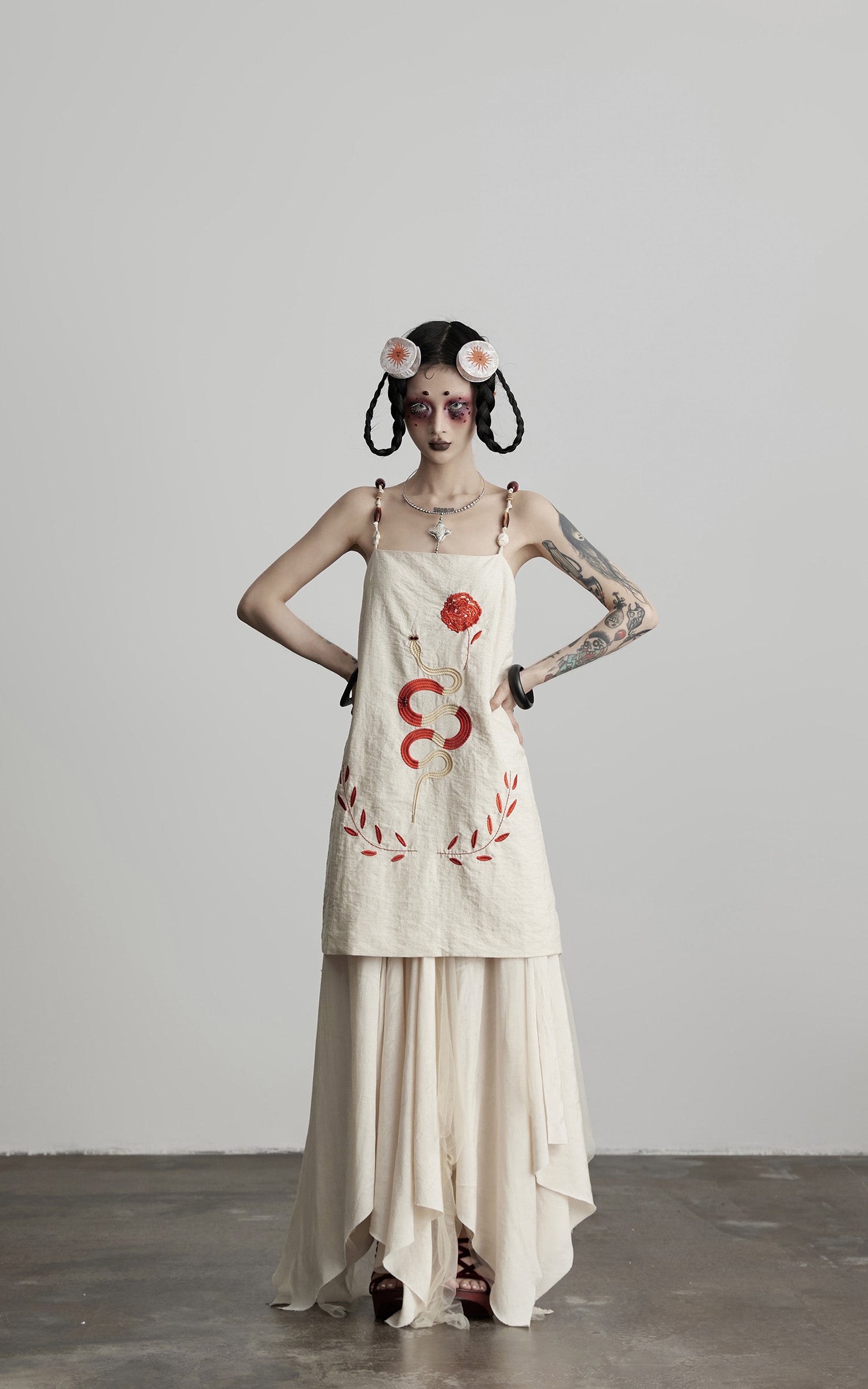 INDULGE Embroidered Snake and Flower Layered Linen Dress
