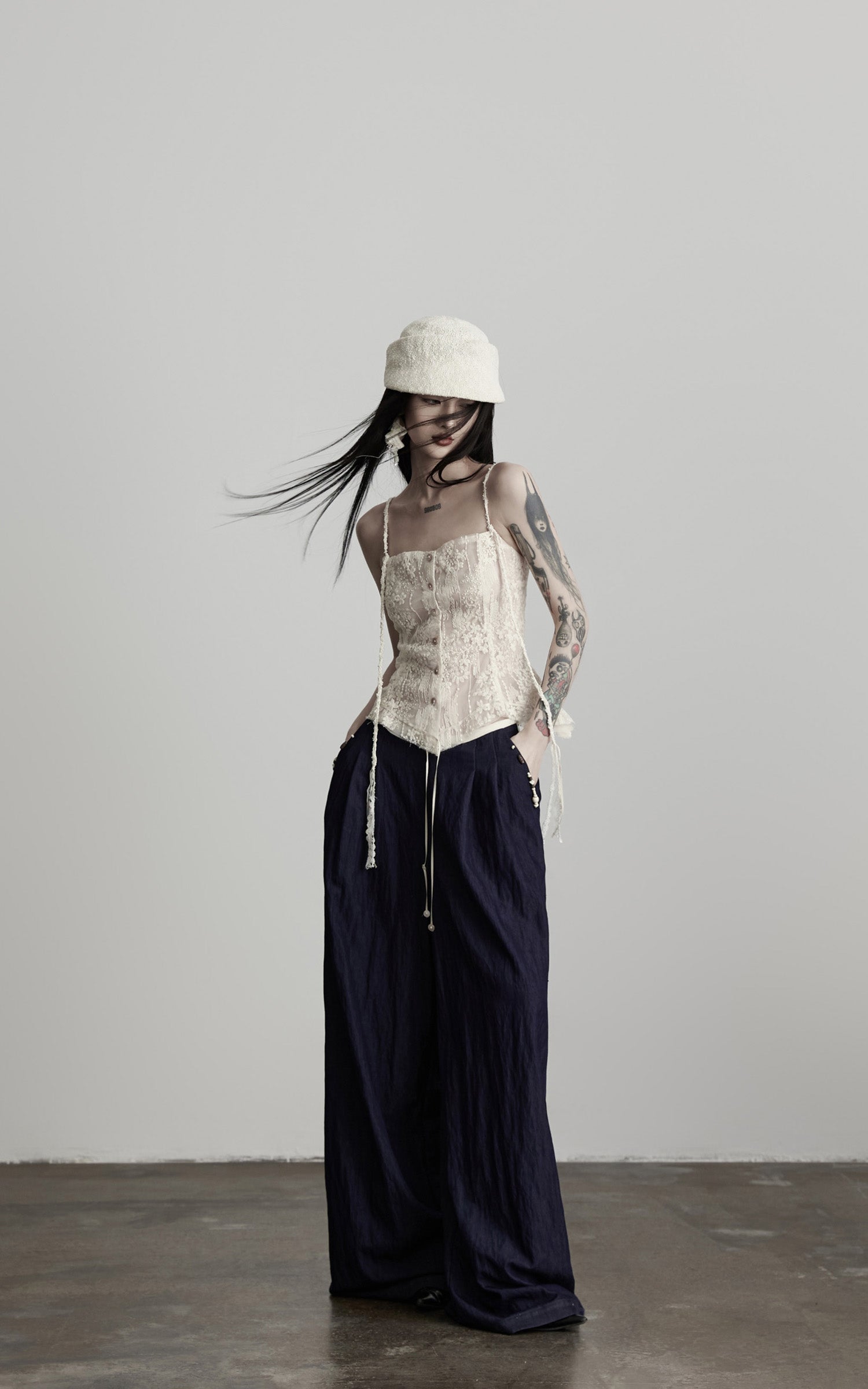 INDULGE Wide-Leg Pants with Contrast Waistband and Bead Detail