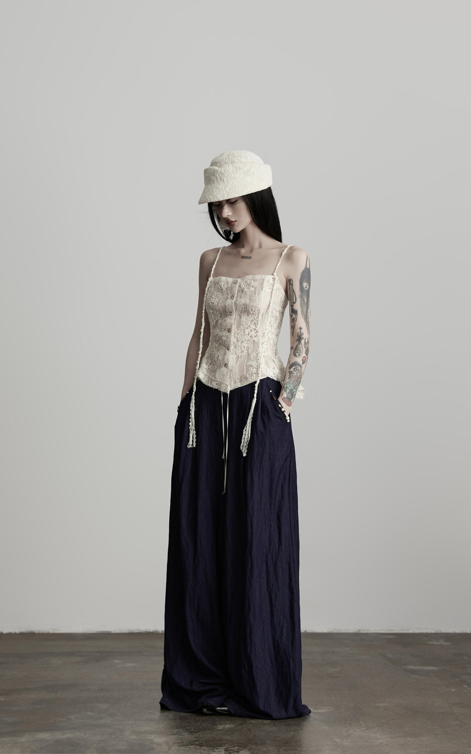 INDULGE Sheer Lace Camisole with Button and Strap Detail