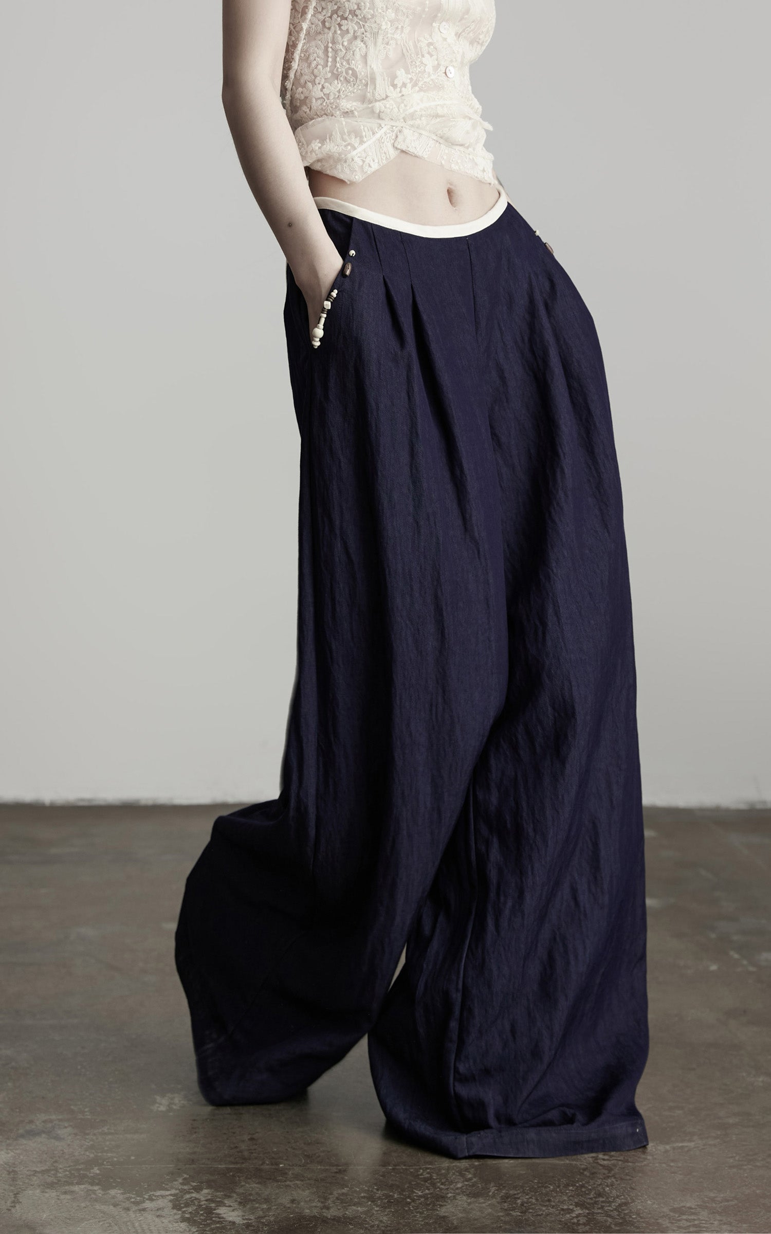 INDULGE Wide-Leg Pants with Contrast Waistband and Bead Detail